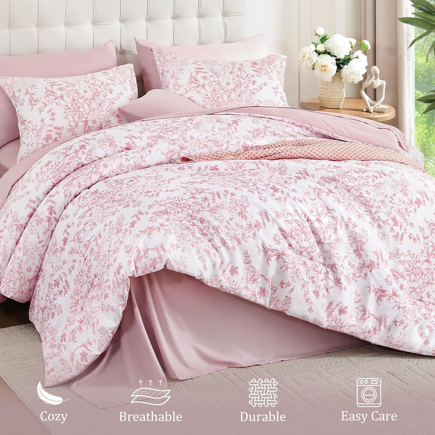 WONGS BEDDING Queen Size Comforter Set, 8 Pieces Pink Floral Bed in a Bag Comferter Sets, Botanical Print Soft Fluffy Microfiber Complete Bedding Sets for All Season (90"x90")