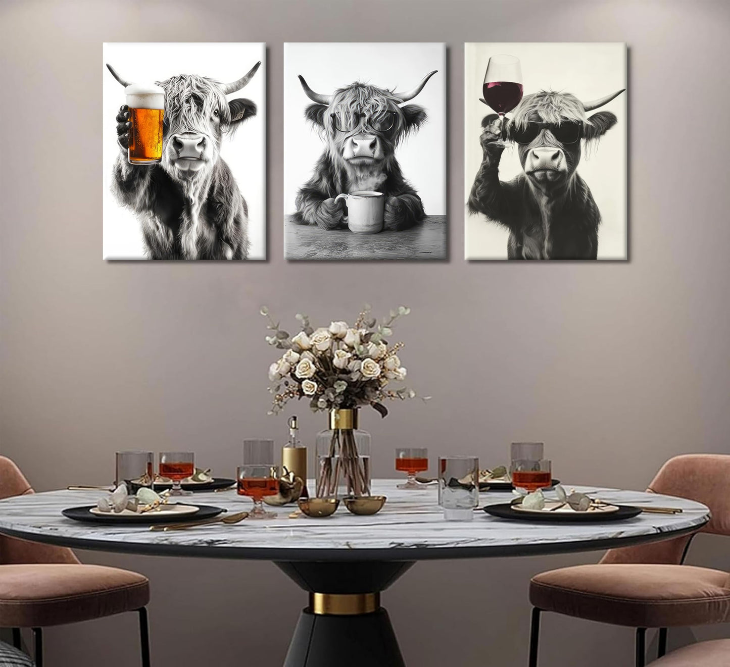 KKP Funny Highland Cow Wall Art Set of 3 - Canvas Prints Farmhouse Rustic Kitchen, Bar Cart & Dining Room Decor - Animal Lovers Home Decoration, Ready to Hang Gallery Wall Art