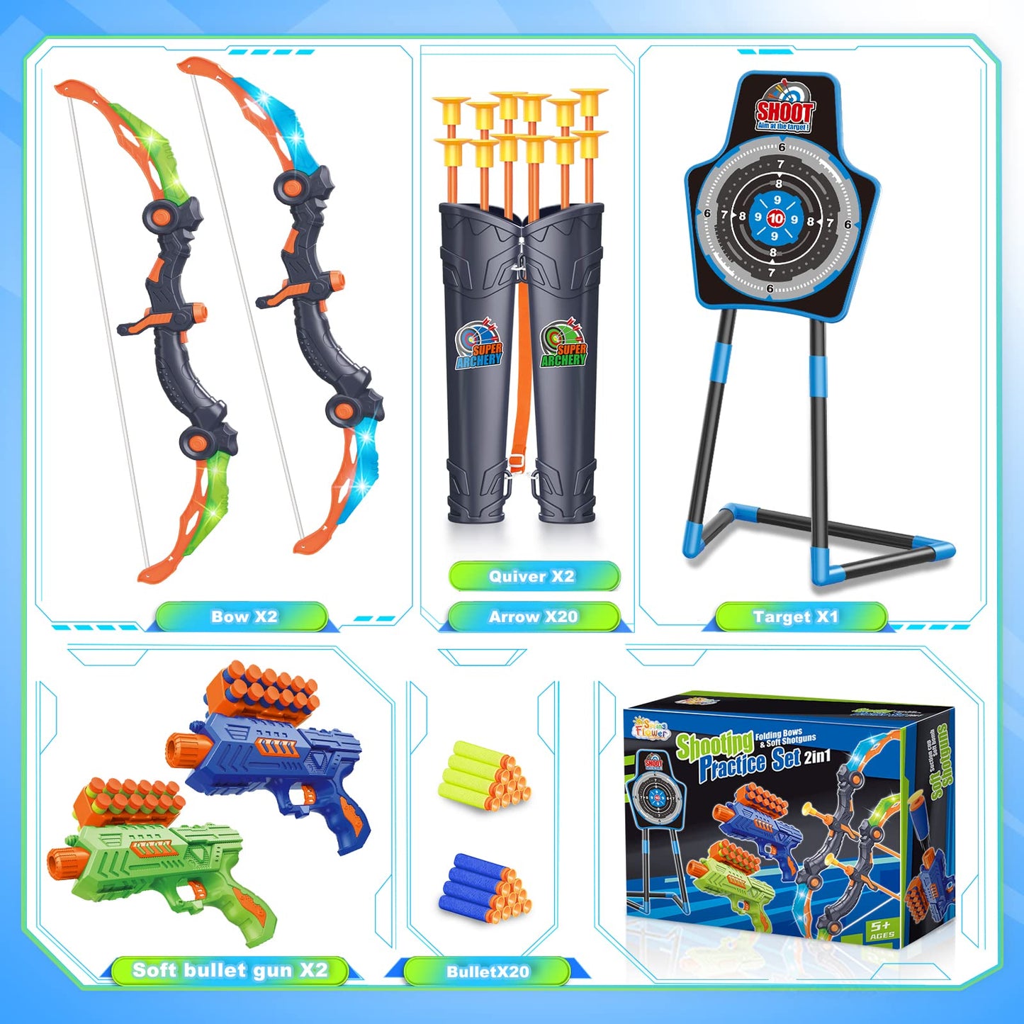 SpringFlower 2 Bow and Arrow Sets with LED Light-up,2 Foam Dart Guns for Kids 5 6 7 8 9 10+ Years Old, Archery Set with Standing Target for Boys & Girl, for Kids