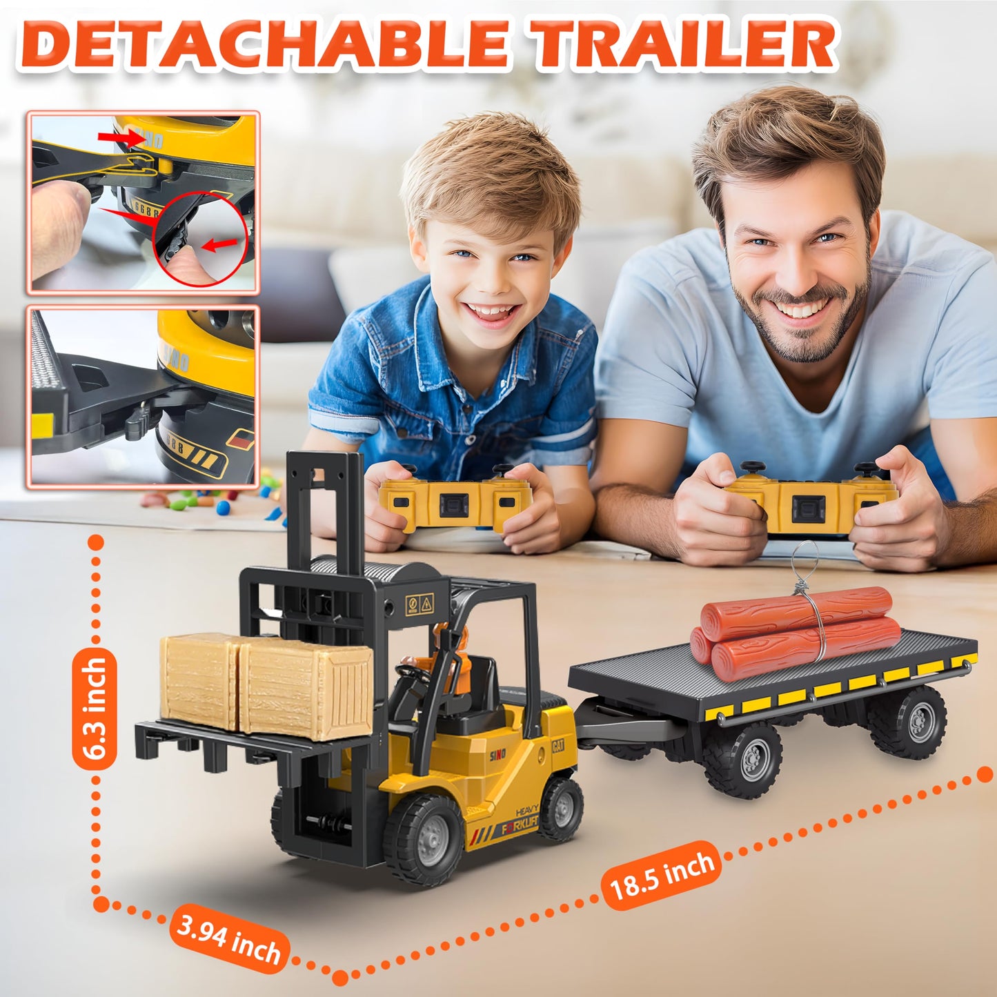 VWAHNANA RC Forklift Toy with Trailer, Kids Forklift Construction Toys Set with Flatbed Truck & Crane Toy Hook, 2 Battery/Spray/Light, Remote Control forklift Toys for 6 7 8 9 10-12 Year Old Boys Gift