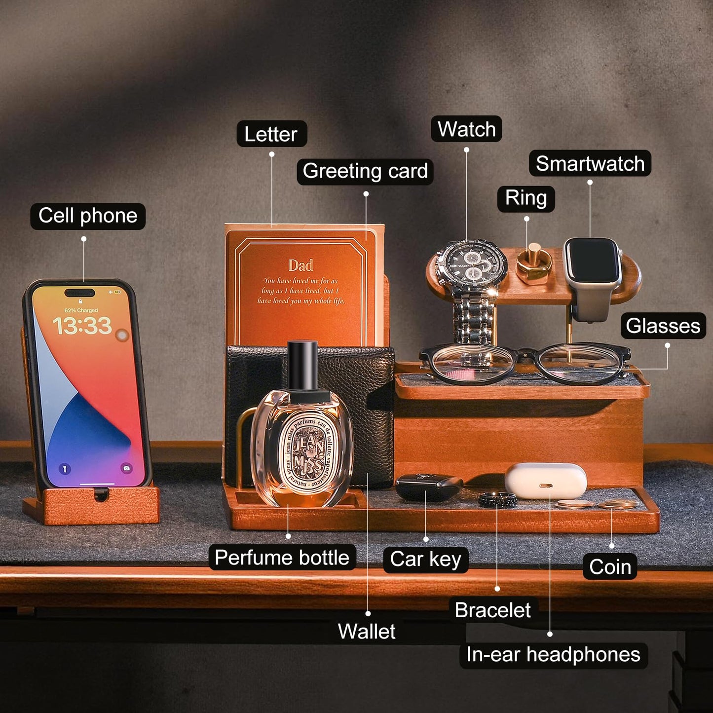 UPERGO Fathers Day Gift for Dad, Wooden Nightstand Organizer Stand, Valet Tray EDC Caddy for Men, Desktop & Tabletop Home Decor – Phone Wallet Keys Watch Holder with Elegant Gift Box