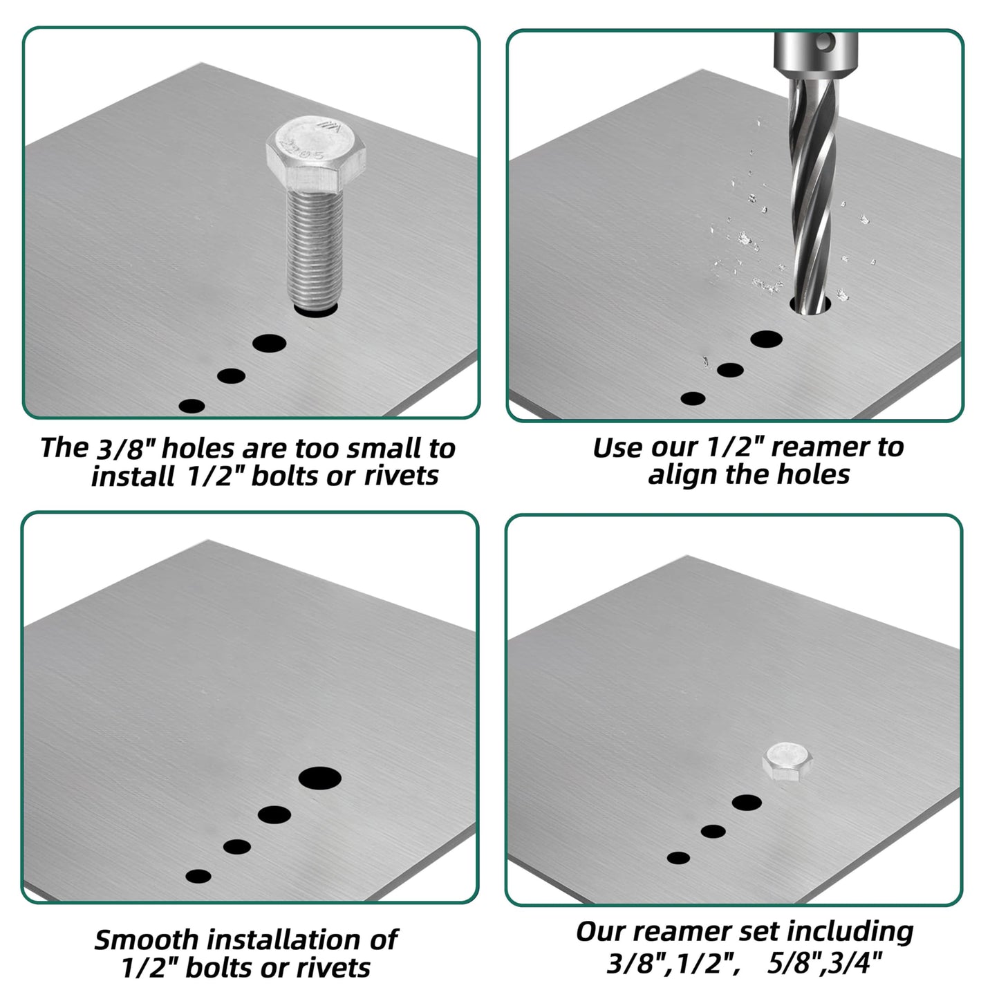 4PCS M35 HSS Taper Chucking Reamer Set 3/8",1/2",5/8",3/4" Fit 3/8" or 1/2" Shank Construction Reamer Drill Bit Bridge Also for Wood Alloy Steel Metal Align The Existing Hole and Expand The Reamer