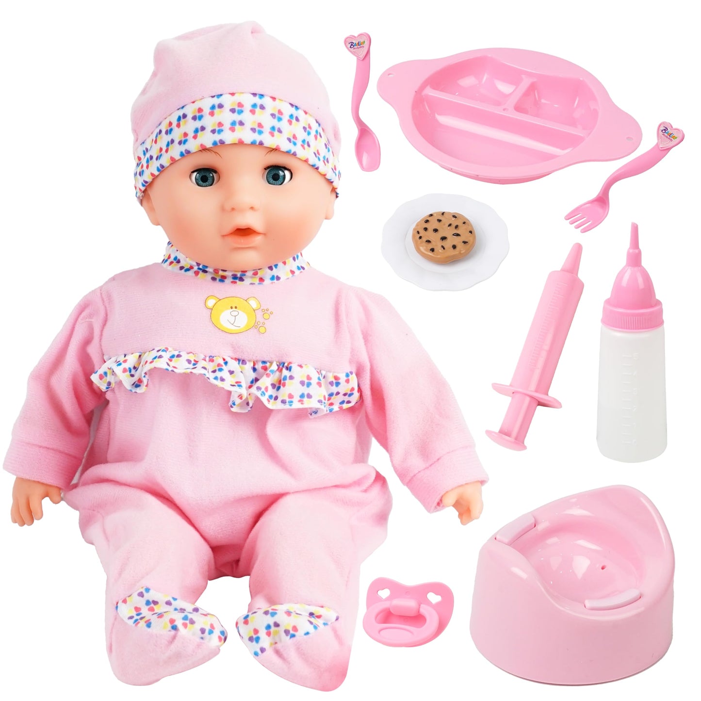SMILESSKIDDO Interactive Baby Doll Pink - 16 Inch Crying Talking Feeding Dolls with Different Sounds and Accessories, Pretend Play Preschool Toys for 2 3 4 5+ Year Old Girls Boys Gift