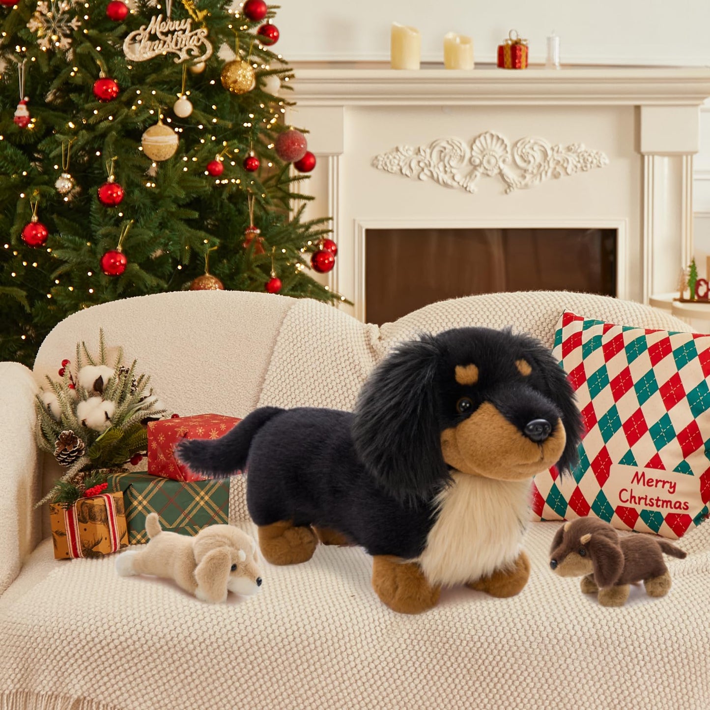 MorisMos 20'' Large Sausage Dog Stuffed Animal Mommy with Baby Puppy Toys for Kids, 3Pcs Realistic Long Hair Sausage Toys for Girl Boy Birthday Christmas