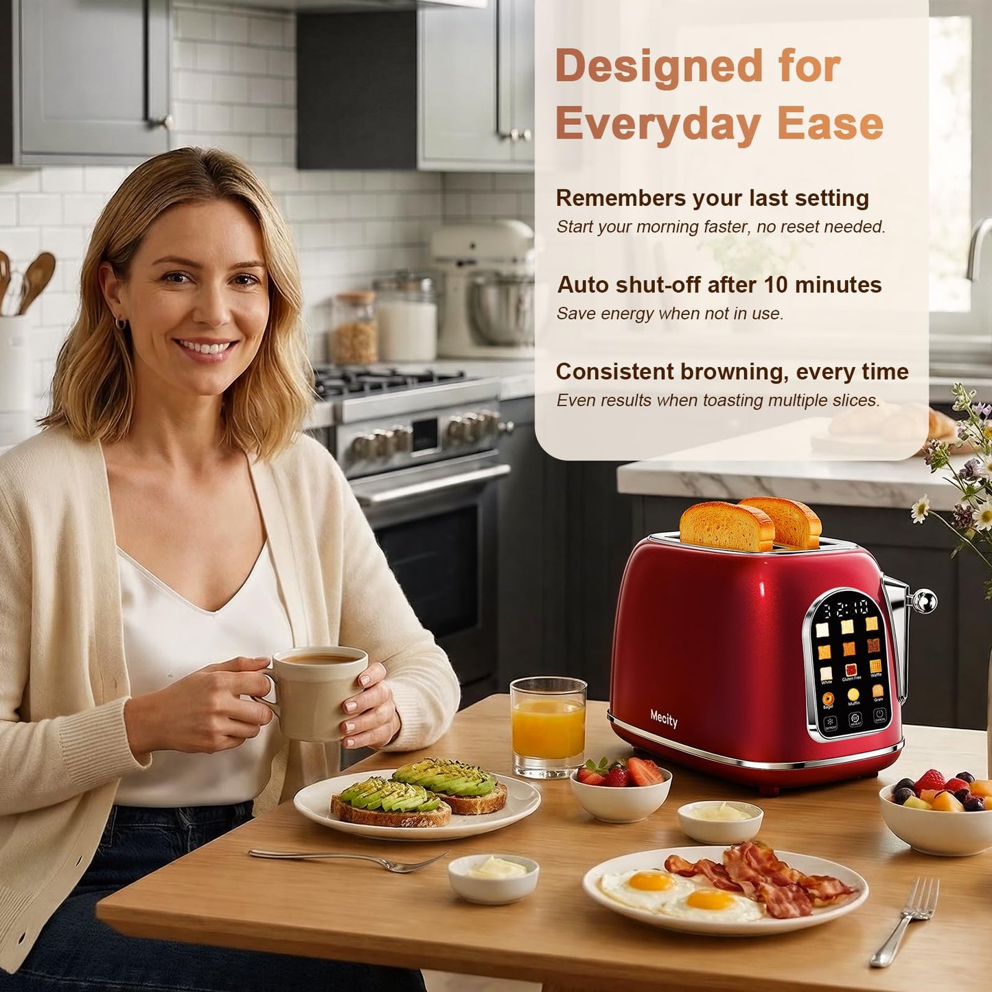 Mecity Toaster 2 Slice, Touch Screen Wide Slot Retro Toaster For Breads Bagel Muffin Waffle, House Warming Gift New Home, 120V 825W, Red Pearl