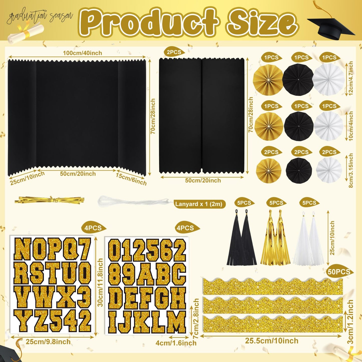 FunooFuno 31 Pcs Graduation Photo Display Board Decoration 40"x28" Trifold Poster Board Graduation Themed Stickers Grad Fan Tassel Garland for 2026 Grad Party College Picture Frame(Black Gold Silver)