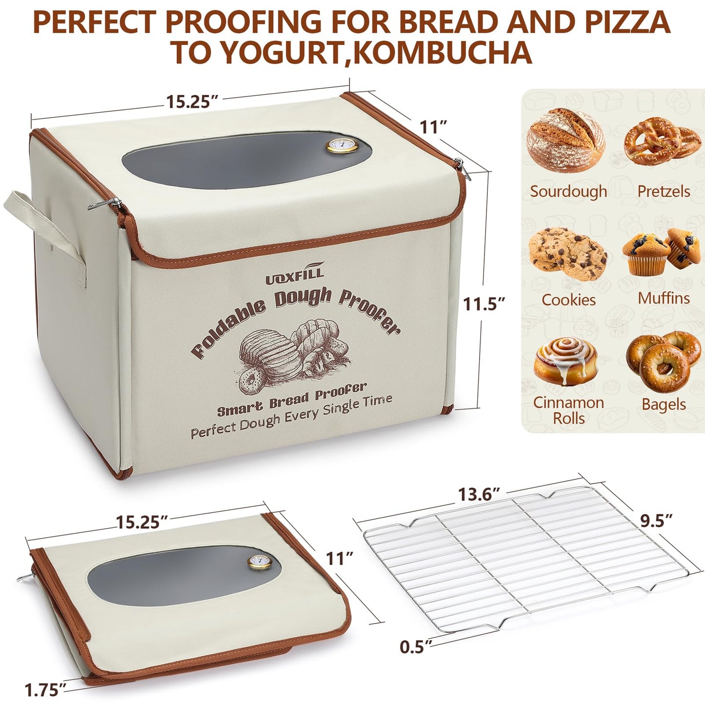 Folding Bread Proofing Box with Temp Control(50-122℉) & 48H Timer, Dough Proofer with Metal Rack, Proofing Box for Sourdough, Bread Baking, Pizza, Yogurt, Kombucha, Space-Saving & Easy to Use