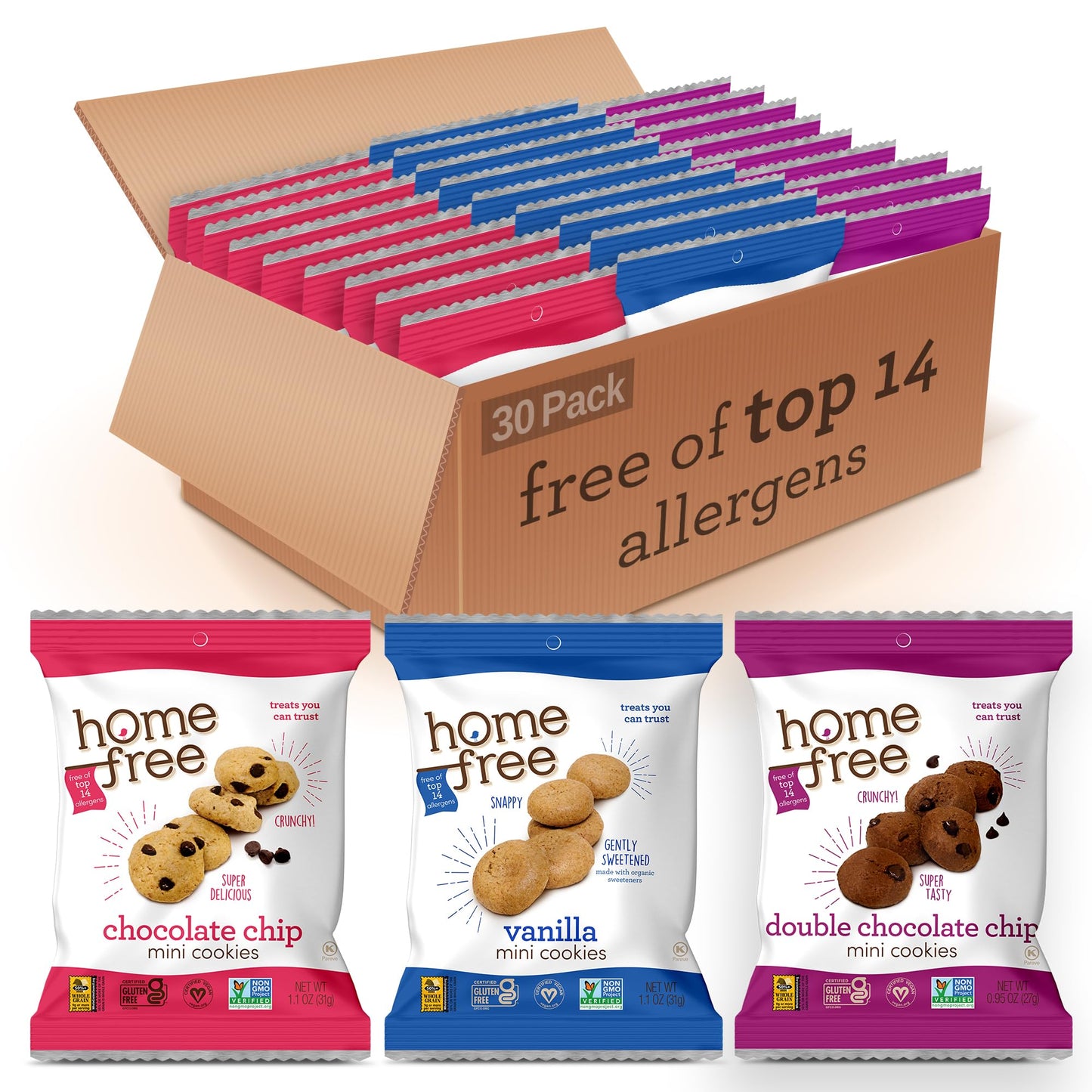 Homefree Treats You Can Trust Gluten Free Mini Cookies, Single Serve, Variety Pack (Pack of 30)