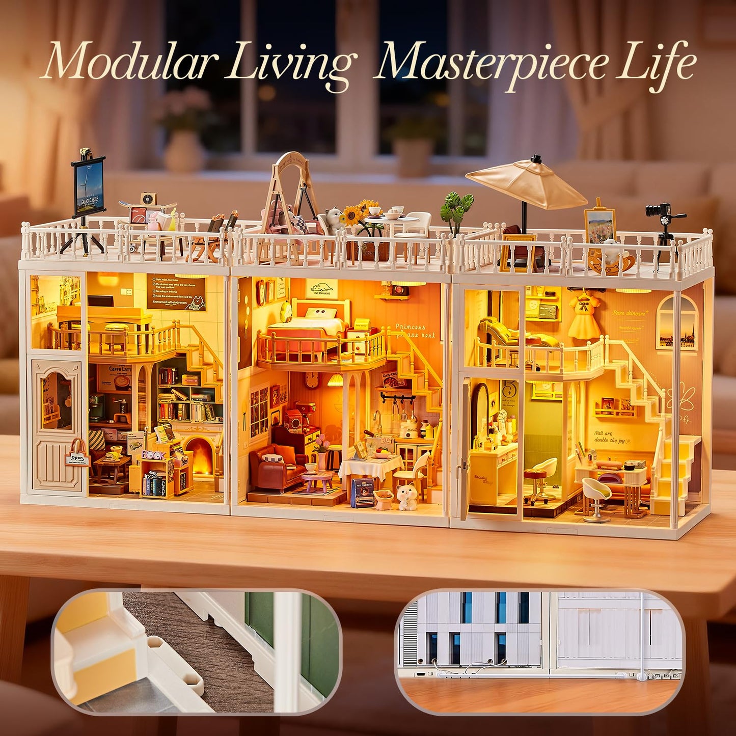Qudify DIY Miniature House Play Kit with 101Pcs, 1:20 Scale Dollhouse Furniture with LED Light, Realistic Accessories Mini Room & Connectable Base Tiny House for Adults & Kids 8+ (Beauty Salon, Large)