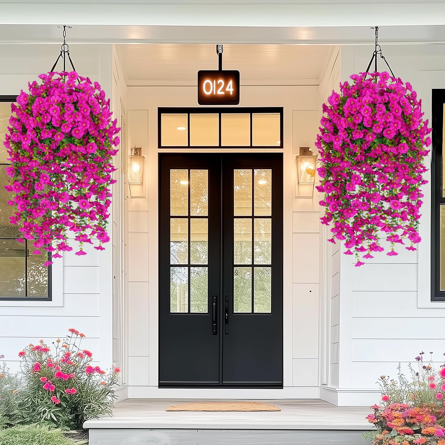 MARTINE MALL 8 Pcs Look Real Artificial Flowers for Outdoors, Realistic Artificial Hanging Flowers for Outdoors, UV Resistant Fake Hanging Plants Silk Petunia Faux Flowers for Porch Patio, Fuchsia