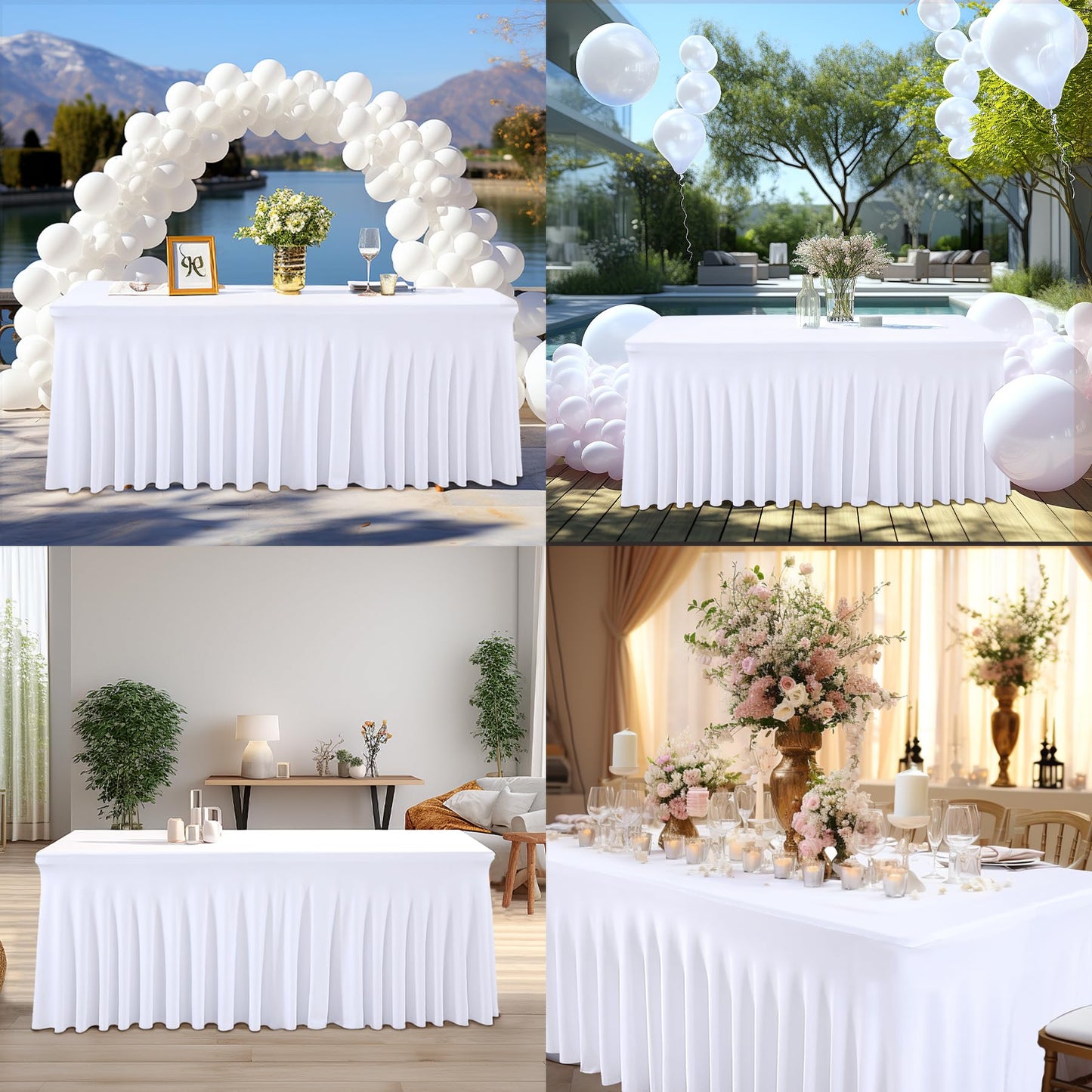 4 Packs White Table Clothes for 6 Foot Rectangle Tables, One-Piece Wrinkle Resistant Stretch Spandex Table Covers with Skirt for Event Banquet Wedding Birthday Party