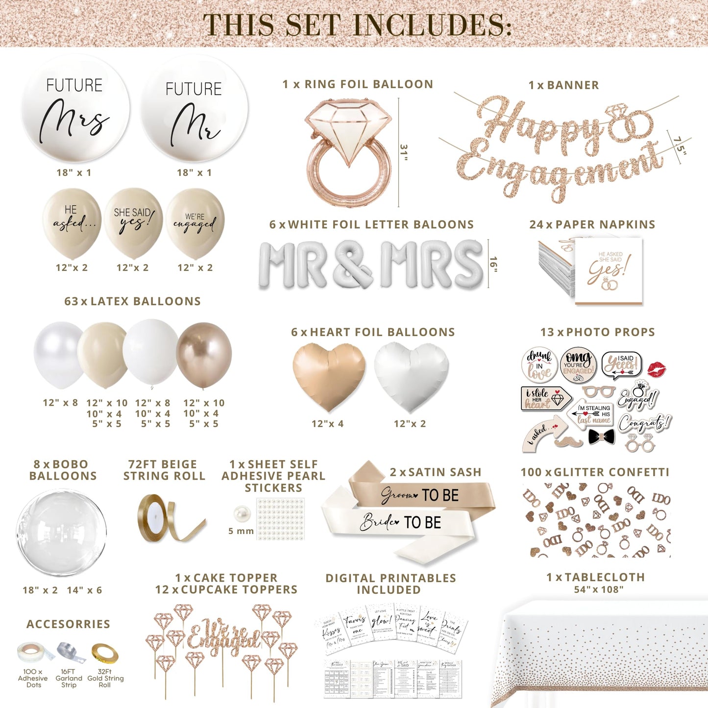 261 Pc Premium Engagement Party Decorations Kit – Elegant Mr. & Mrs. Wedding Balloons, Happy Engagement Banner, Diamond Ring White Gold Balloons, Cupcake Toppers – Classy Bride To Be Decor