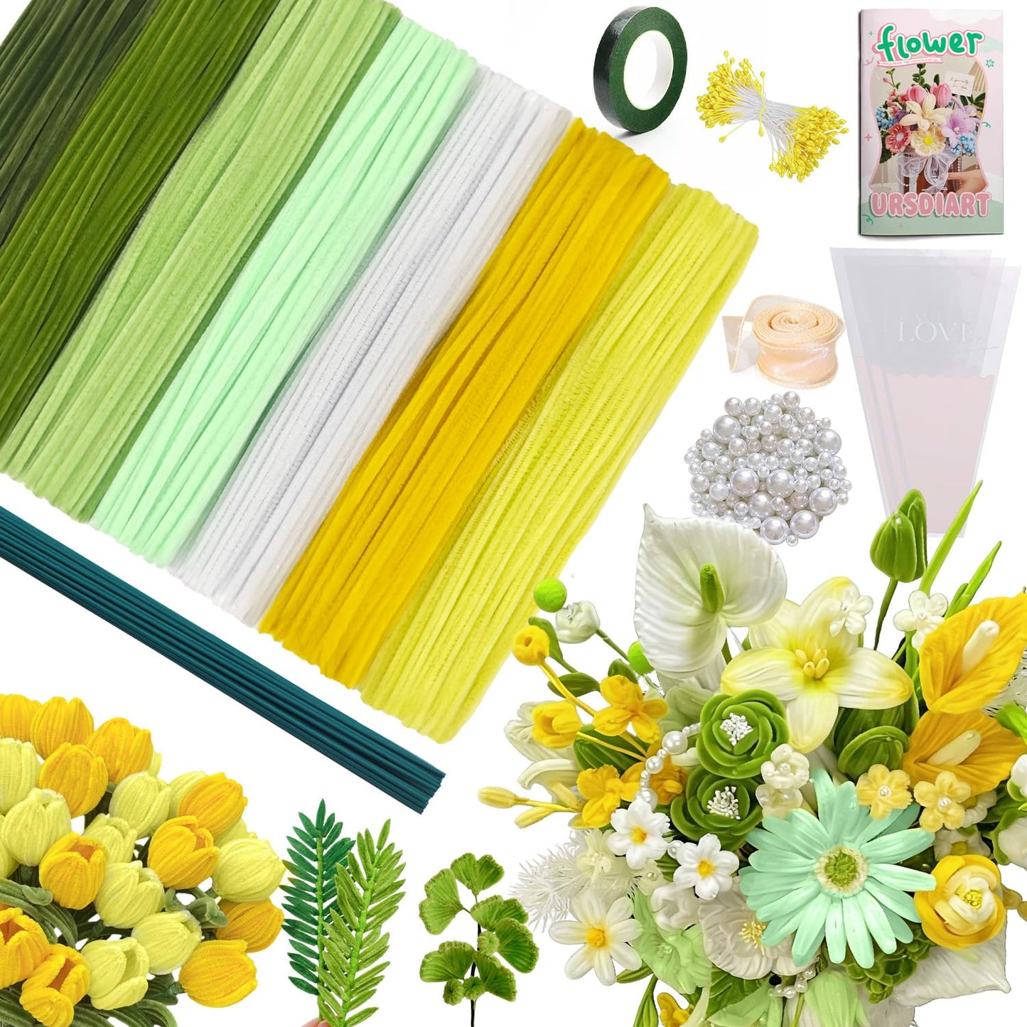 URSDIART 976PCS Pipe Cleaners,Pipe Cleaner Bulk Flowers Kit,7 Colors Chenille Stems for Flower Bouquet Making with Craft Wire,Stamen,Tape,Ribbon & More for DIY Projects & Arts (Green Colour)