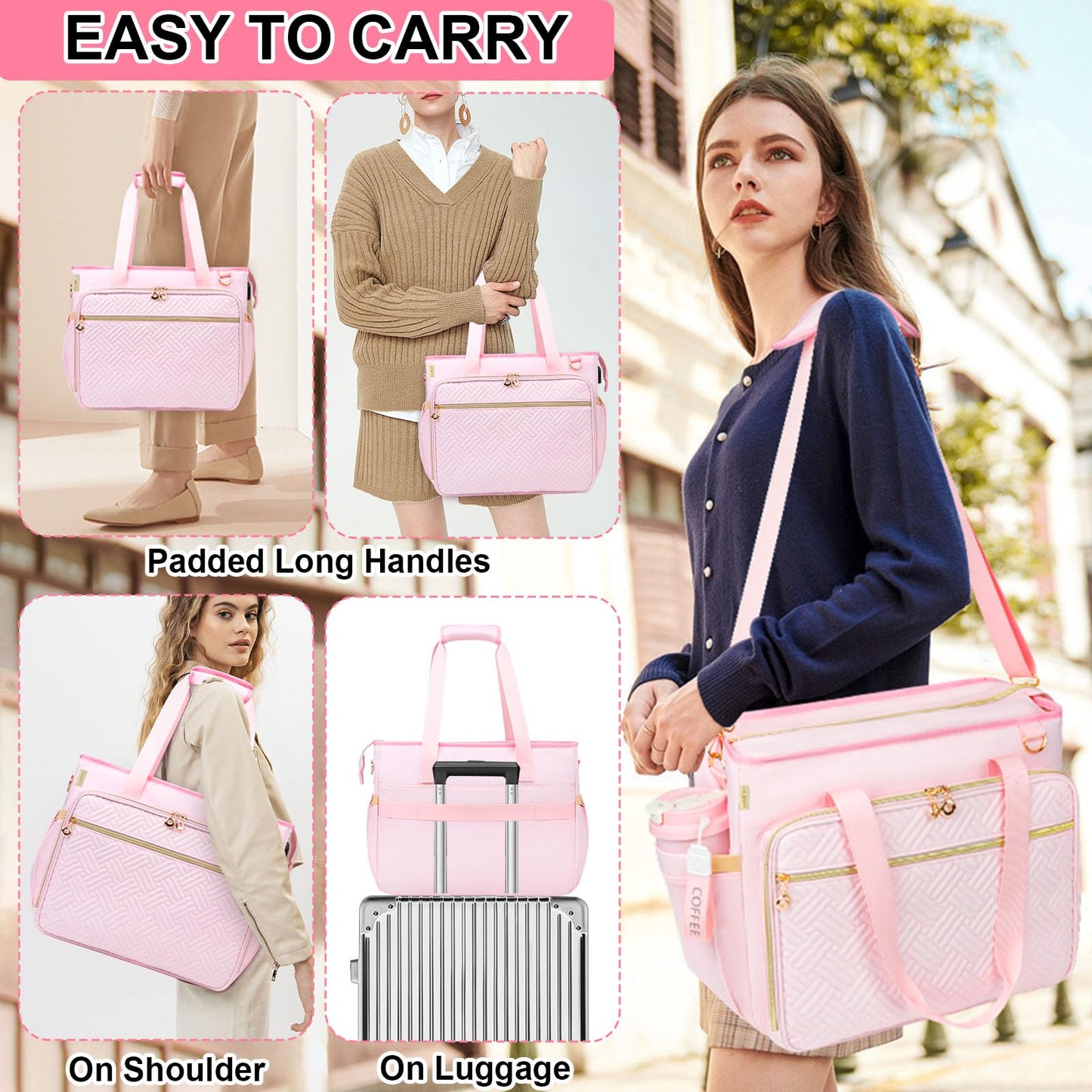 Sambois Teacher Tote Bag with Accordion File Organizer Pocket, Soft Nylon Utility Bag with 15.6 inch Laptop Compartment & USB Port, Large Work Tote Bag for Office Supplies Women (Pink)