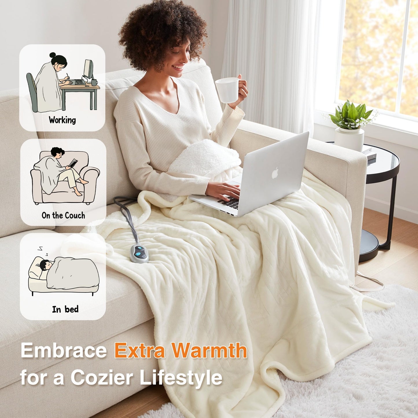 Beautyrest Heated Blanket, Eletric Throw Blanket, Soft, Warm, Reversible Plush - Sherpa Heating Blanket Throw for Office, Couch, 3 Heat Settings, 2 hr Auto Shut Off, Machine Washable, 50 x 60 Ivory