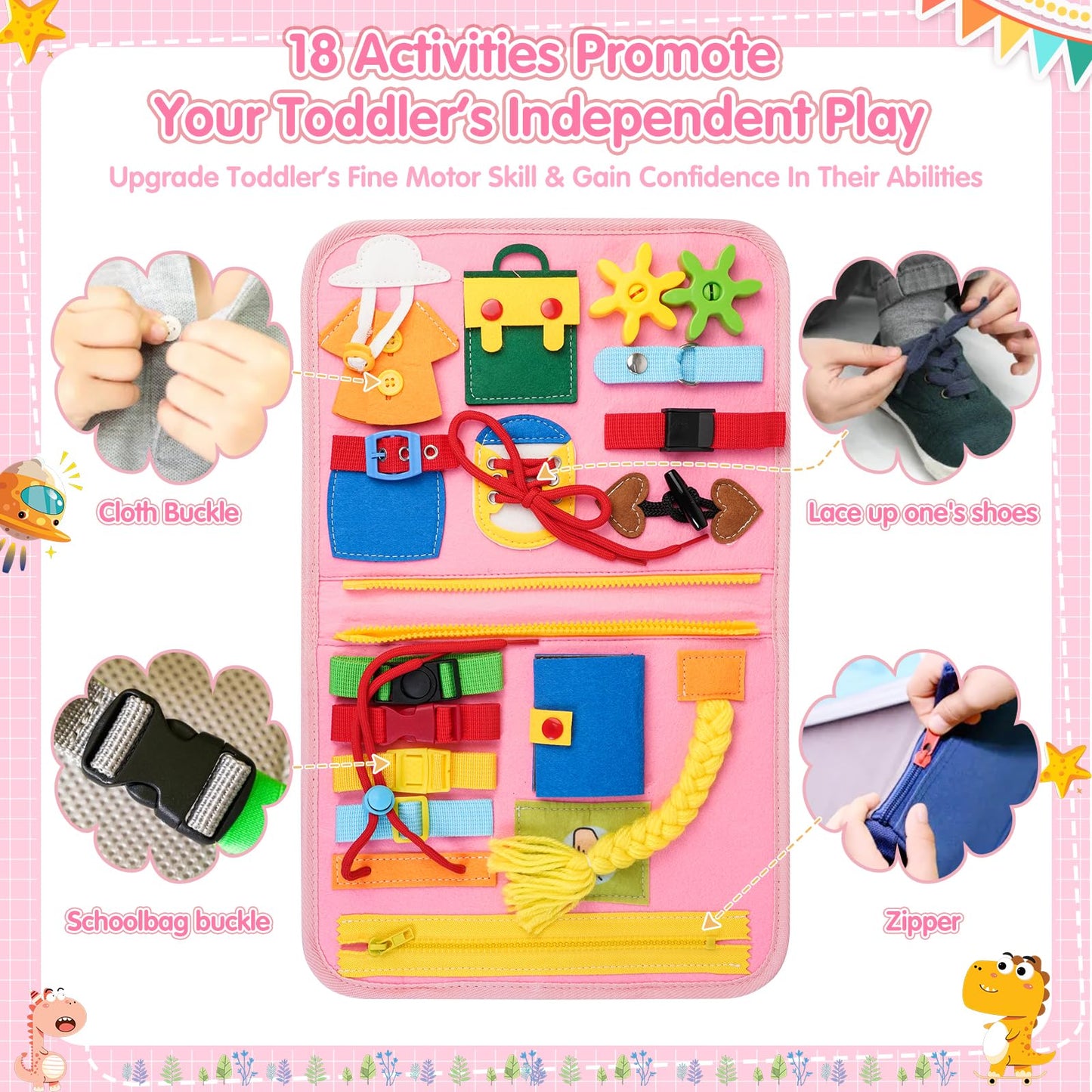 Busy Board Montessori Toys for Toddlers 3 4 5 6 Years Old Girl Gift Birthday Christmas, 10 Pages 30 Activities Sensory Educational Preschool Learning Toys, Fine Skill Travel Essential Toys