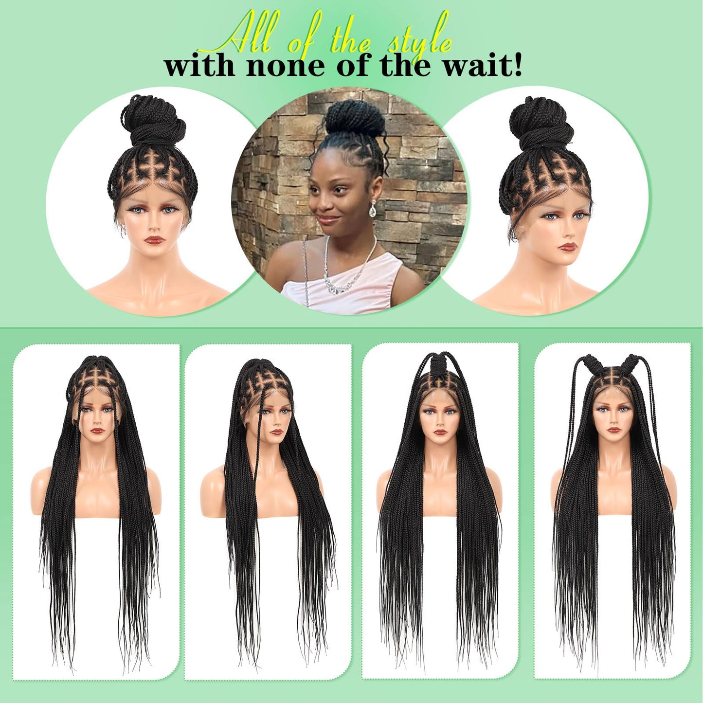 Youthfee 360° HD Full Lace Knotless Braided Wigs for Women Box Braided Wig with Baby Hair Human Hair Blended Natural Looking Braided Lace Front Wigs Black 36 Inch