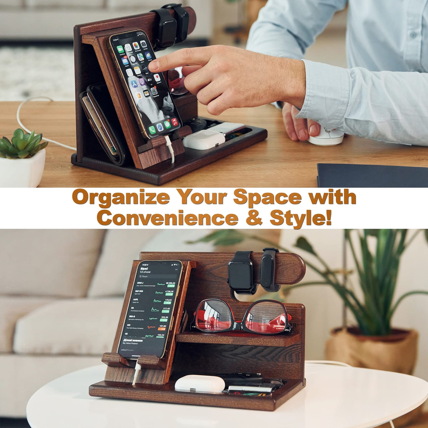 TESLYAR Wood Phone Docking Station - Nightstand Organizer - Desk Organizer for Husband - Birthday Gifts for Men, Dad - Idea for Anniversary from Wife - Key Holder - Stand Wallet & Watch (Deep Brown)