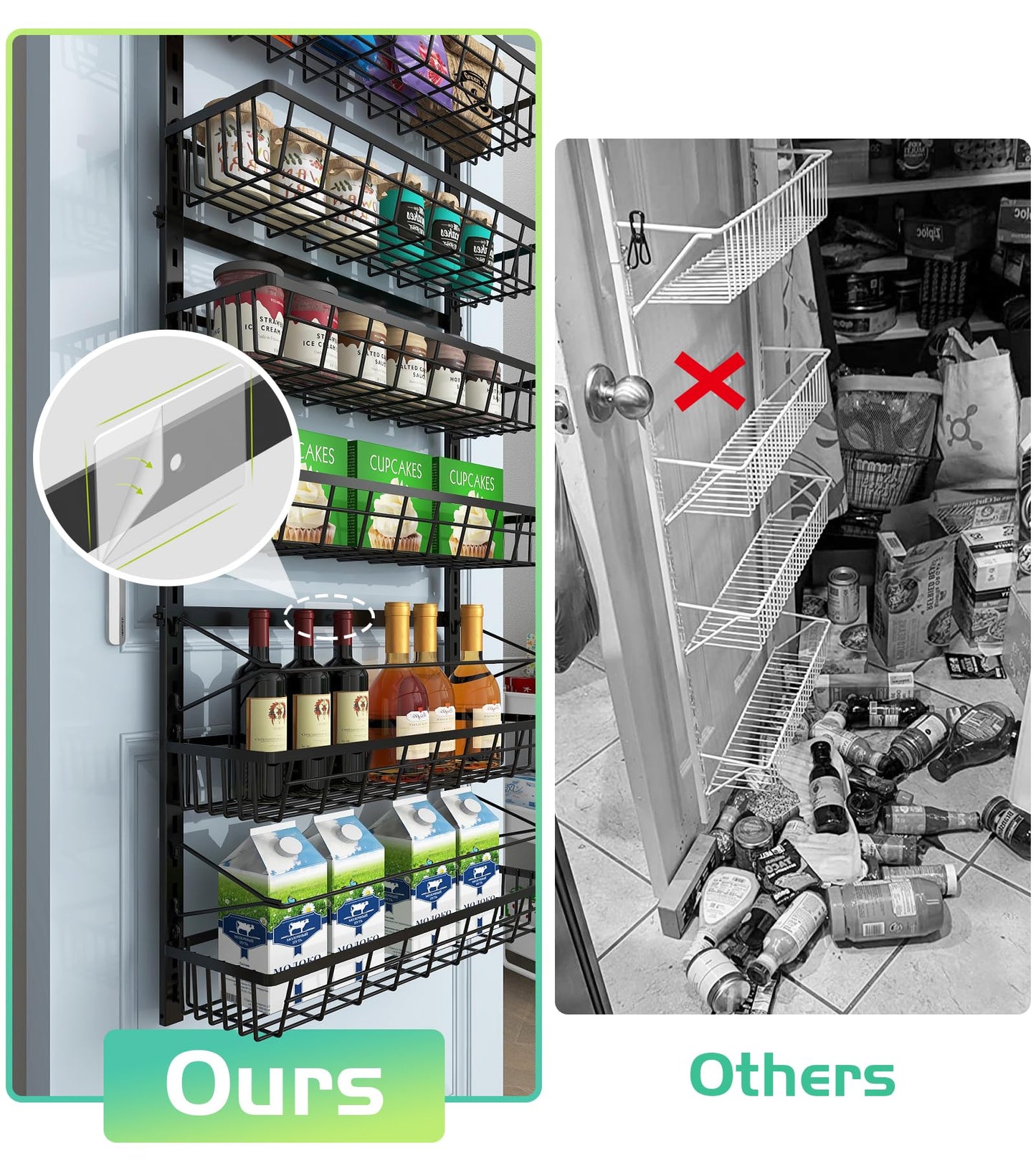 Mefirt Over The Door Pantry Organizer, Wall Mount Spice Rack, Pantry Hanging Storage and Organization, 8 Adjustable Baskets Heavy-Duty Metal for Home & Kitchen, Back of Door Seasoning Rack - Black