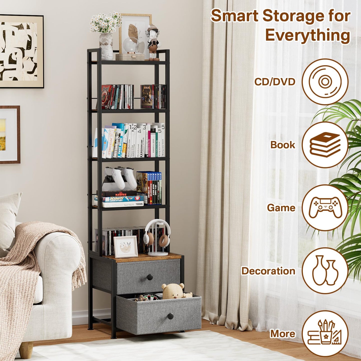 Epouseter CD Storage Rack with Drawer, 5-Tier DVD Organizer Shelf w/Adjustable Book Stoppers, Media Storage Rack for CD/DVD, Books & Games, Ideal for Living Room & Home Office – 15.7x11.8x56.5Inches