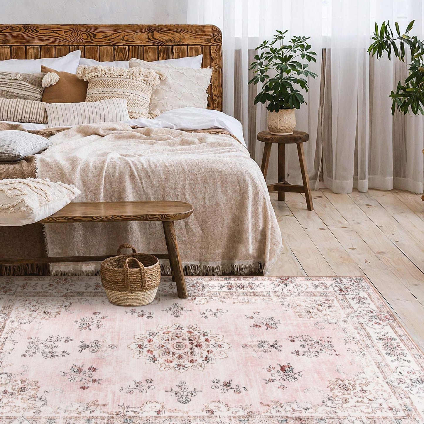 Lahome Washable Pink 5x7 Area Rugs for Bedroom Girls Nursery, Boho Soft Floral Print Area Rug for Living Room Apartment, Non-Slip Carpet for Aesthetic Home Decorations Bedroom Decor