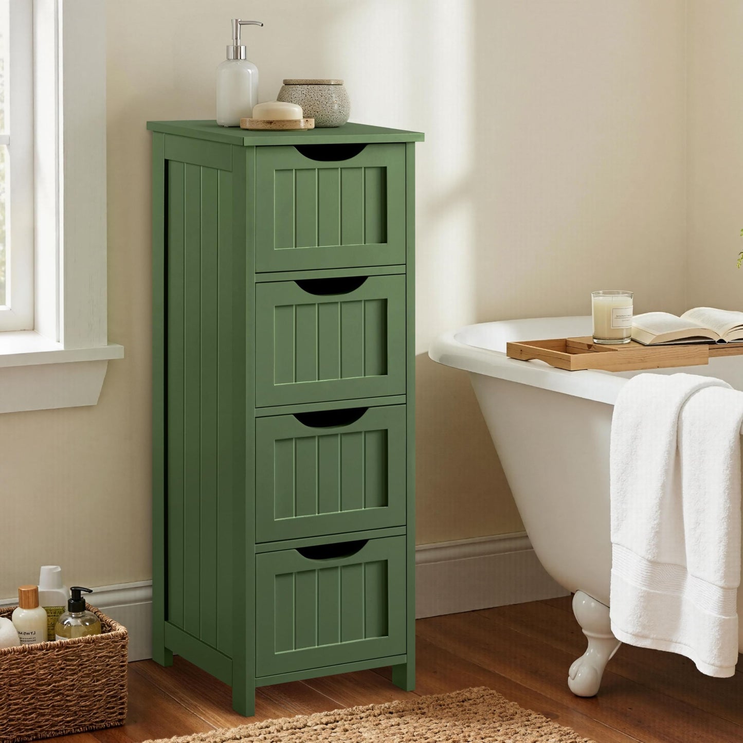 Yaheetech Bathroom Storage Cabinet, Narrow Side Storage Organizer with 4 Drawers, Slim Free-Standing Floor Cabinet for Bathroom/Hallway/Living Room, Green