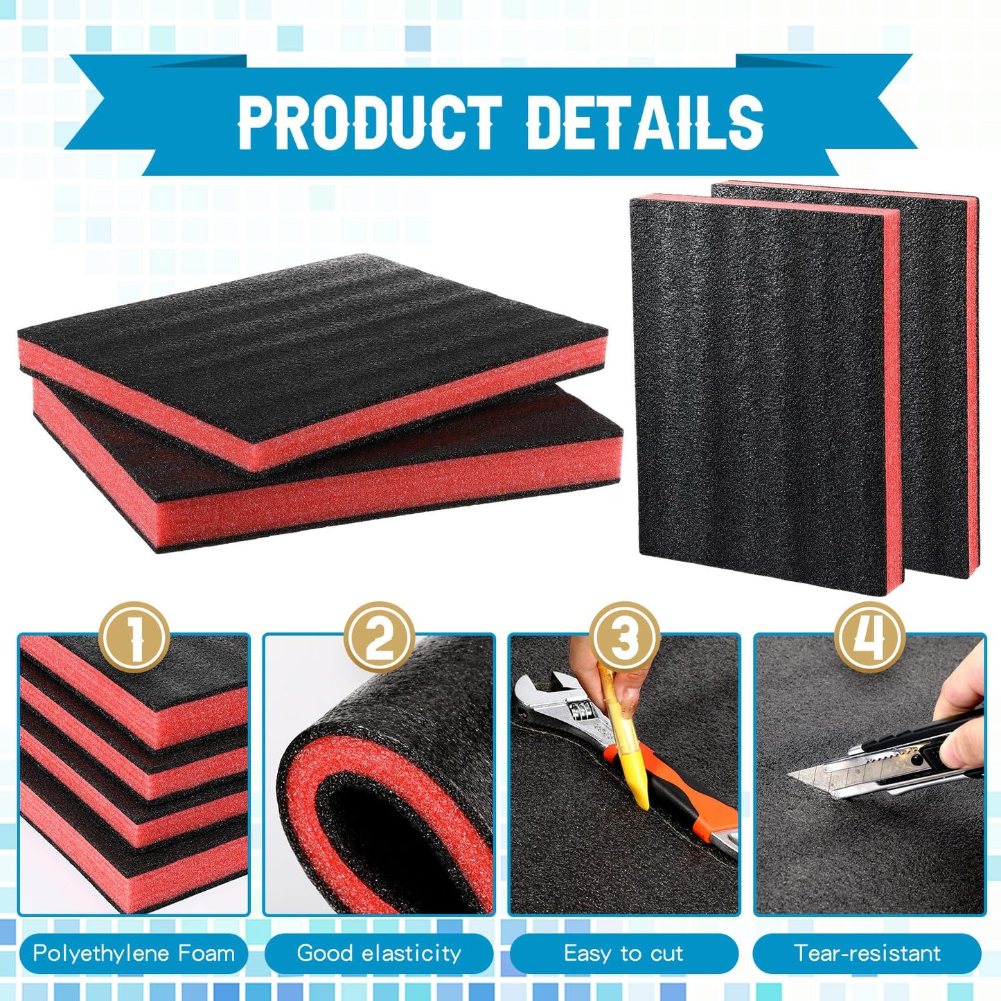 Outus 4 Pcs Cuttable Polyurethane Foam Pads Craft Foam Insert for Cases Packing Padding Camera Toolbox Storage(16 x 12 x 1.5 Inch, 16 x 12 x 2 Inch,Red, Black)