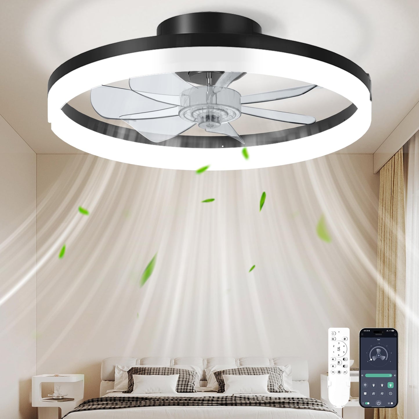 CHAREADA Ceiling Fan with Light, 20" Modern Low Profile Foldable Ceiling Fans with 6 Wind Speeds, Dimmable Smart Ceiling Fan Light with Remote for Bedroom, Kids Room and Living Room (Black)
