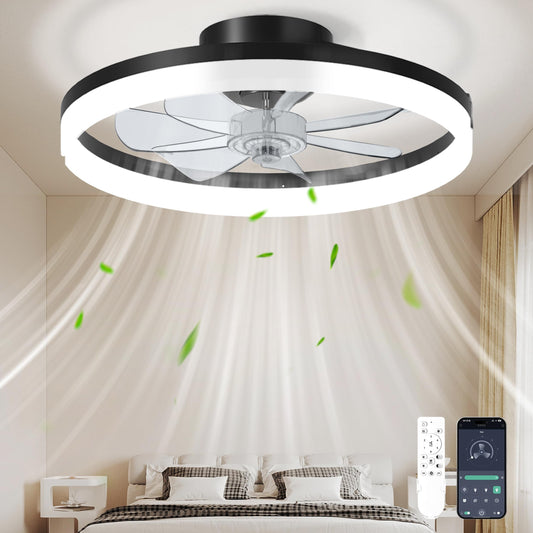 CHAREADA Ceiling Fan with Light, 20" Modern Low Profile Foldable Ceiling Fans with 6 Wind Speeds, Dimmable Smart Ceiling Fan Light with Remote for Bedroom, Kids Room and Living Room (Black)