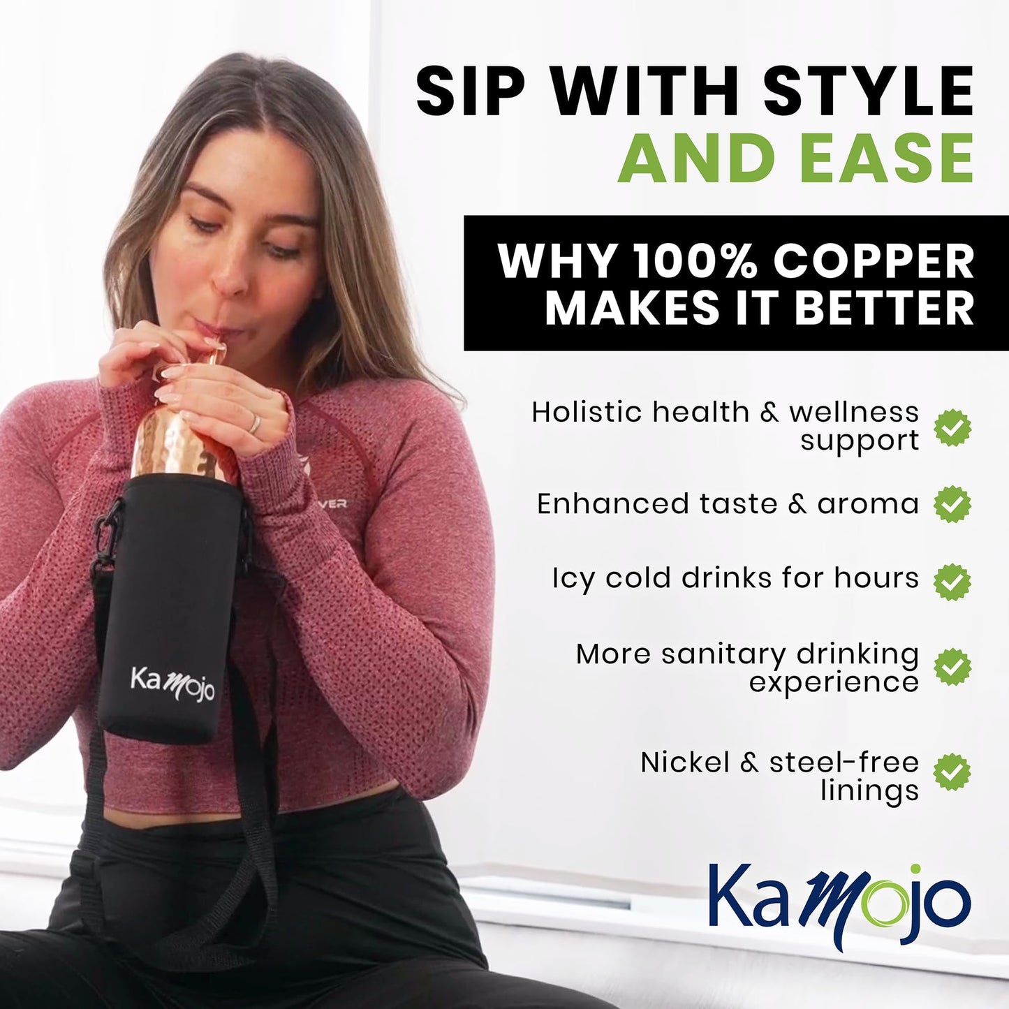 Kamojo Copper Water Bottle for Drinking - Hammered Pure Copper - Removable Insulating Sleeve & Straw - Leak Prooff Lid -Handcrafted Ayurvedic Cup for Water 32 fl oz