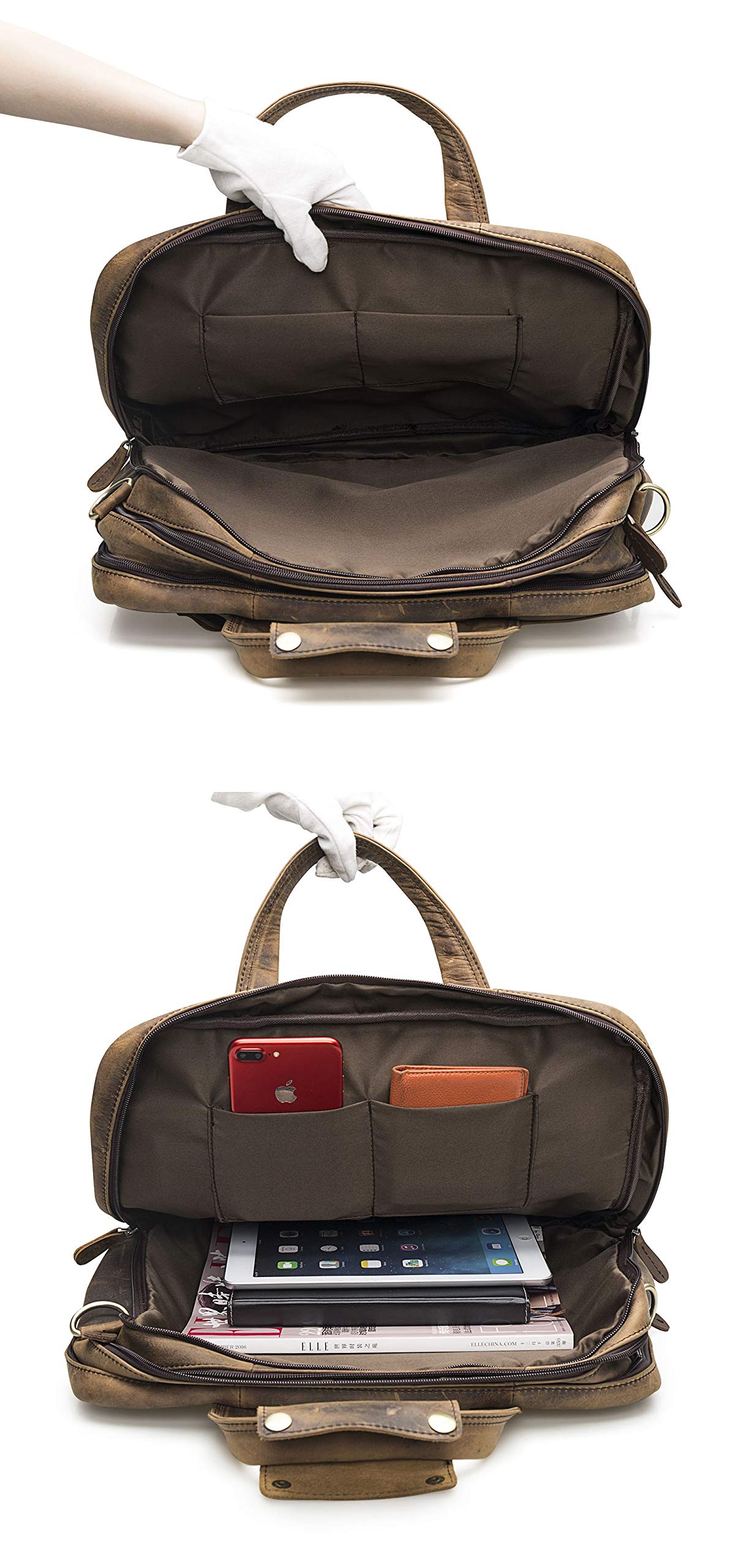 Le'aokuu Leather Mens Business Travel Laptop Case Best Portfolio Briefcase Handles Organizer Shoulder Strap Messenger Bag (Y B1001 A Brown)