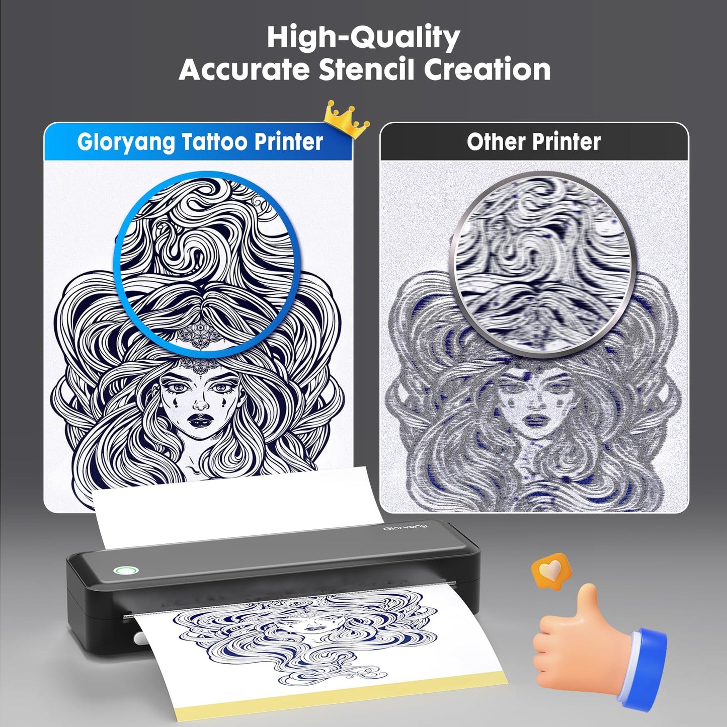 Gloryang Wireless Tattoo Transfer Stencil Printer, Portable Thermal Tattoo Machine for Tattoo Beginners with 40pcs Stencil Paper, Compatible with Smartphone & PC, Rechargeable & Inkless, Black