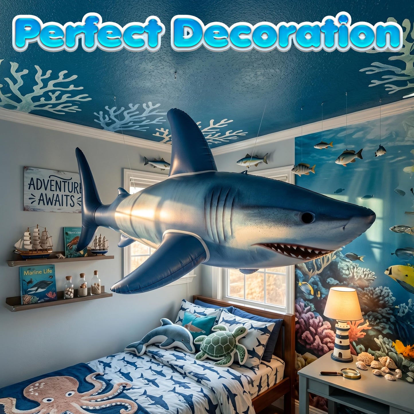 Giant Inflatable Shark Pool Float 75” - Large Blow-Up Shark Toy for Kids, Teens & Adults - Swimming Pool Toy, Ocean Theme Birthday Party Decorations, Beach & Summer Toys