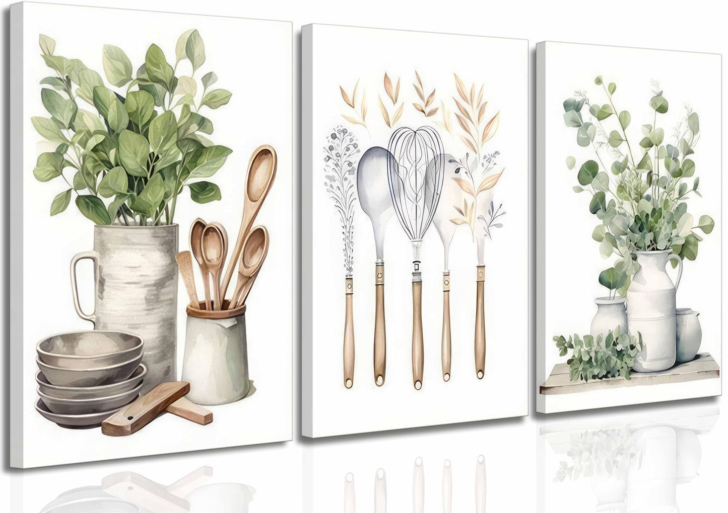 3 Pcs Sage Green Farmhouse Kitchen Canvas Wall Art Minimalist Dining Room Eucalyptus leaves plant Painting Pictures Wall Decor Poster Print Artwork For Dining Room kitchen Home Decoration