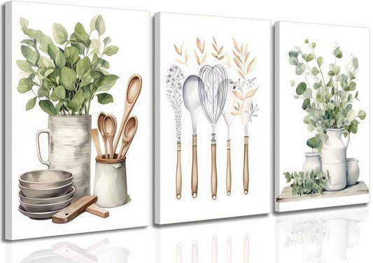 3 Pcs Sage Green Farmhouse Kitchen Canvas Wall Art Minimalist Dining Room Eucalyptus leaves plant Painting Pictures Wall Decor Poster Print Artwork For Dining Room kitchen Home Decoration