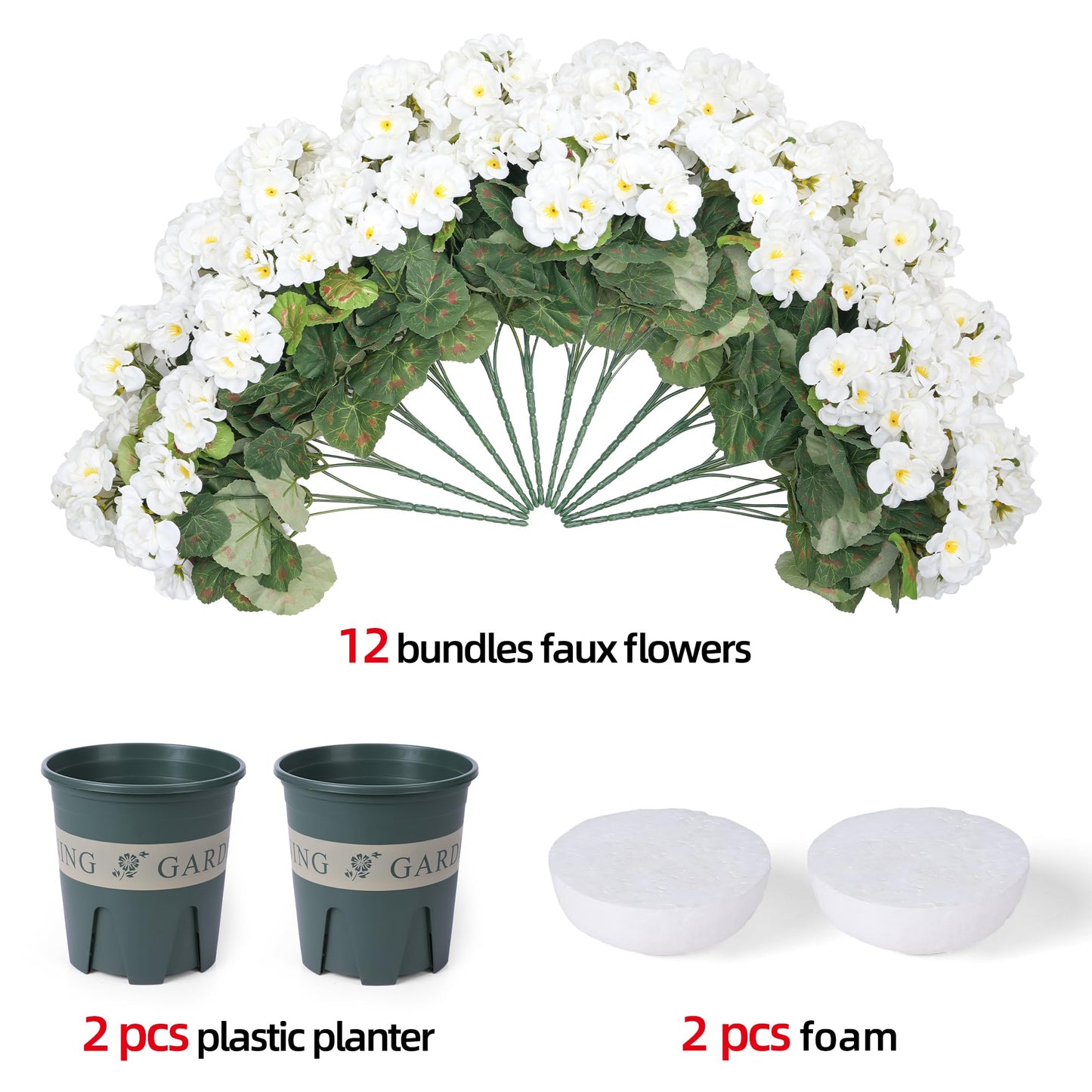 Geraniums Artificial Flowers for Outdoors, 2 Pack Potted Plants White Faux Geraniums Bush Artificial Topiaries Realistic UV Resistant Fake Flowers Plants for Planters Outside Gardens Front Door Indoor