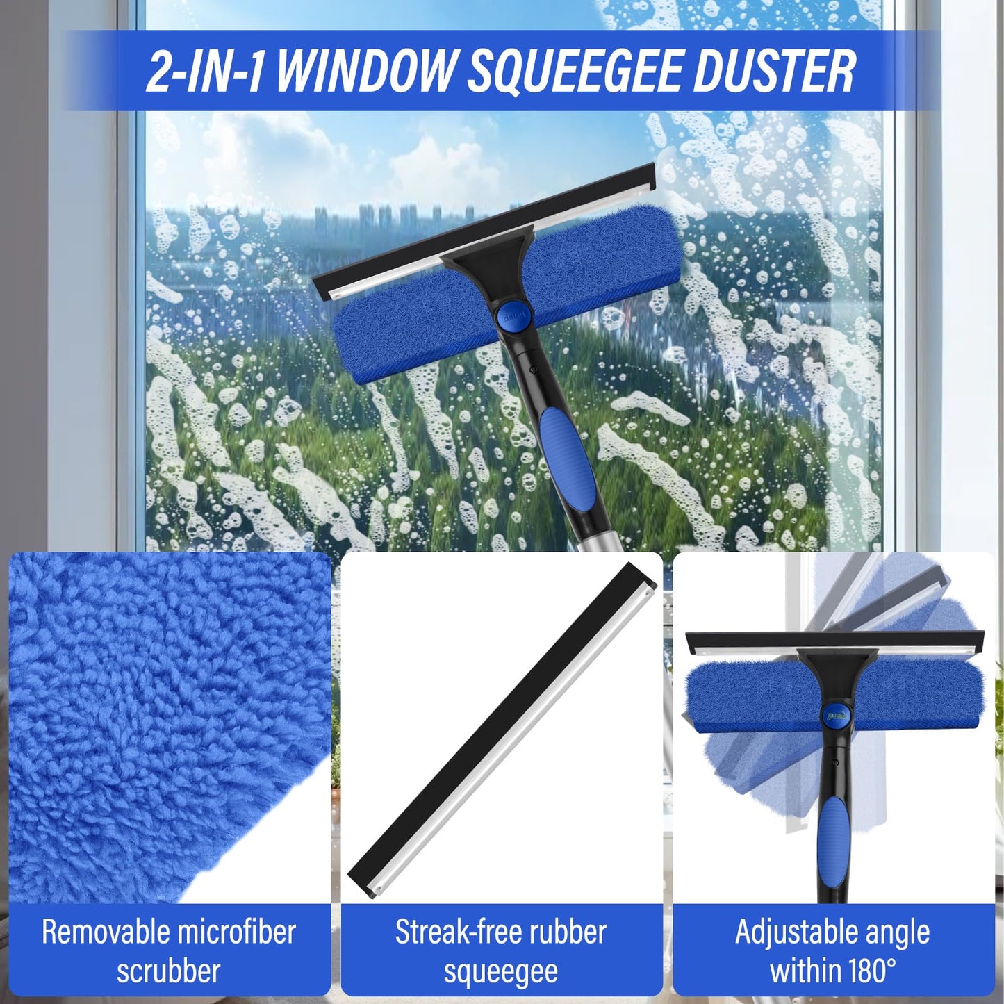 26FT+ Window Washing Kit with Extension Pole, High Reach Duster Kit, Cobweb Duster with 5-20FT Telescoping Pole, 2 in 1 Window Cleaning Squeegee Kit for Outdoor & Indoor Cleaning