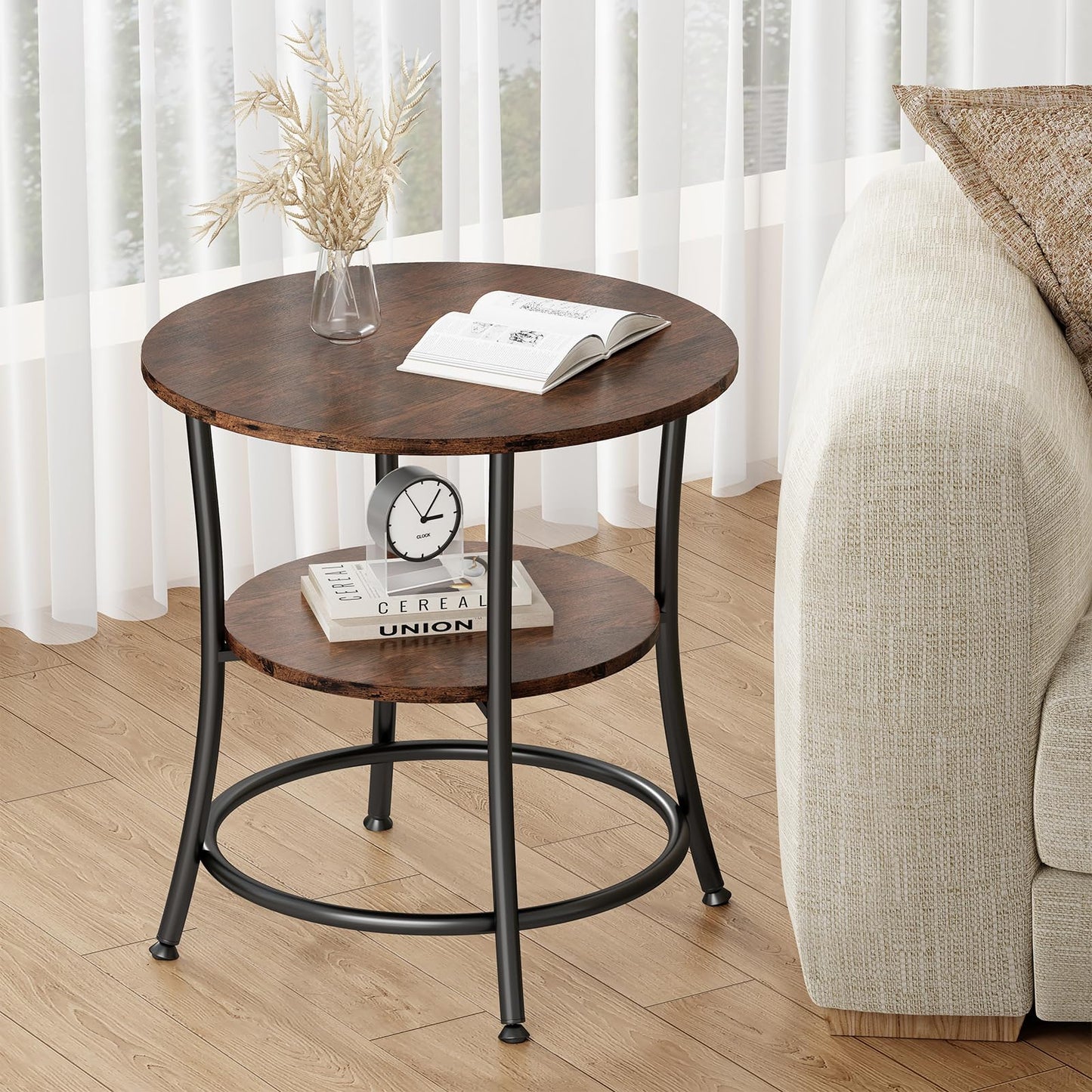 OLIXIS 21.85-Inch Round End Table, 2-Tier Side Round Table for Living Room, Accent Table with Storage Shelf, Sturdy Metal Frame Nightstand for Small Space, Round Bedside, Rustic Brown and Ink Black