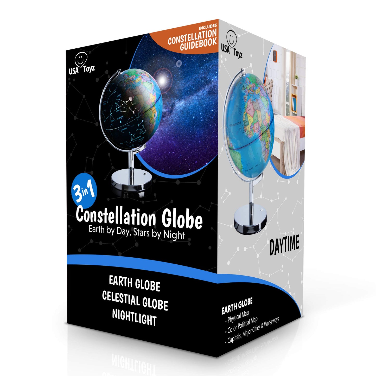 USA Toyz Illuminated World Globe with Stand - 3in1 STEM Globes for Adults and Kids, Constellation Map, Built-In LED Night Light Lamp, Easy to Read Texts, Non-Tip Base, 13.5 Inch Tall, 9 Inch Diameter