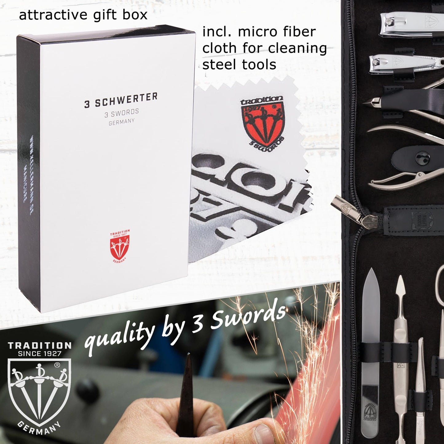 3 Swords Germany - brand quality 12 piece manicure pedicure grooming kit set for professional finger & toe nail care with black genuine leather case - Made in Germany