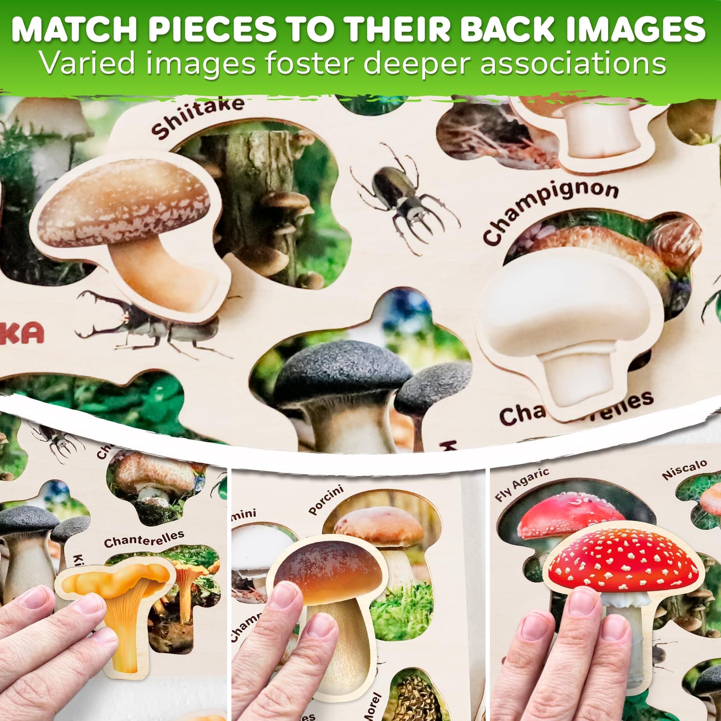 QUOKKA Wooden Puzzles for Toddlers 1-3 – 3X Set Montessori Toys Puzzles for Kids Ages 2-4 – Wood Educational Baby Game 12-18 Months – Gift Learning Mushrooms Flowers Leaves - Boy & Girl 3-5
