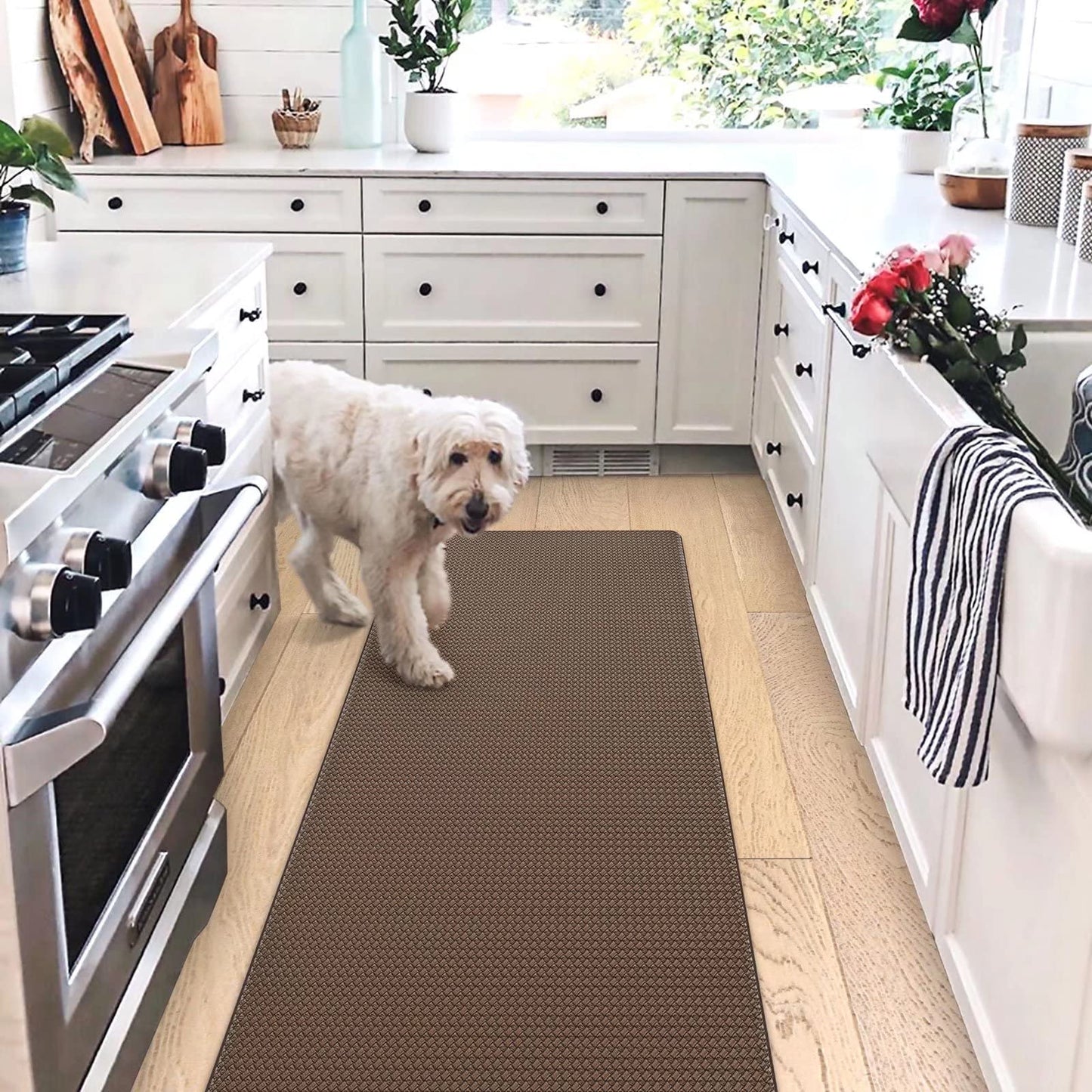 Oakeep Kitchen Mat Anti Fatigue Cushioned for Floor, Runner Rug Padded for Standing, 17"x95", Brown