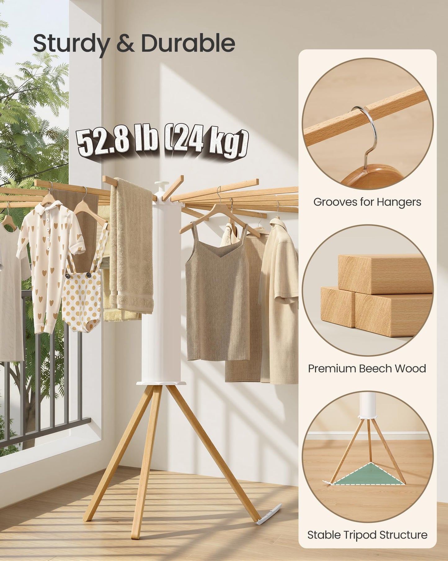 SONGMICS Clothes Drying Rack Foldable, Rotary Tripod Laundry Drying Rack, Rotatable Portable Floor Standing Clothes Airer, Laundry Room Balcony, 16 Pull-Out Wood Arms, Natural Color ULLR530YW01