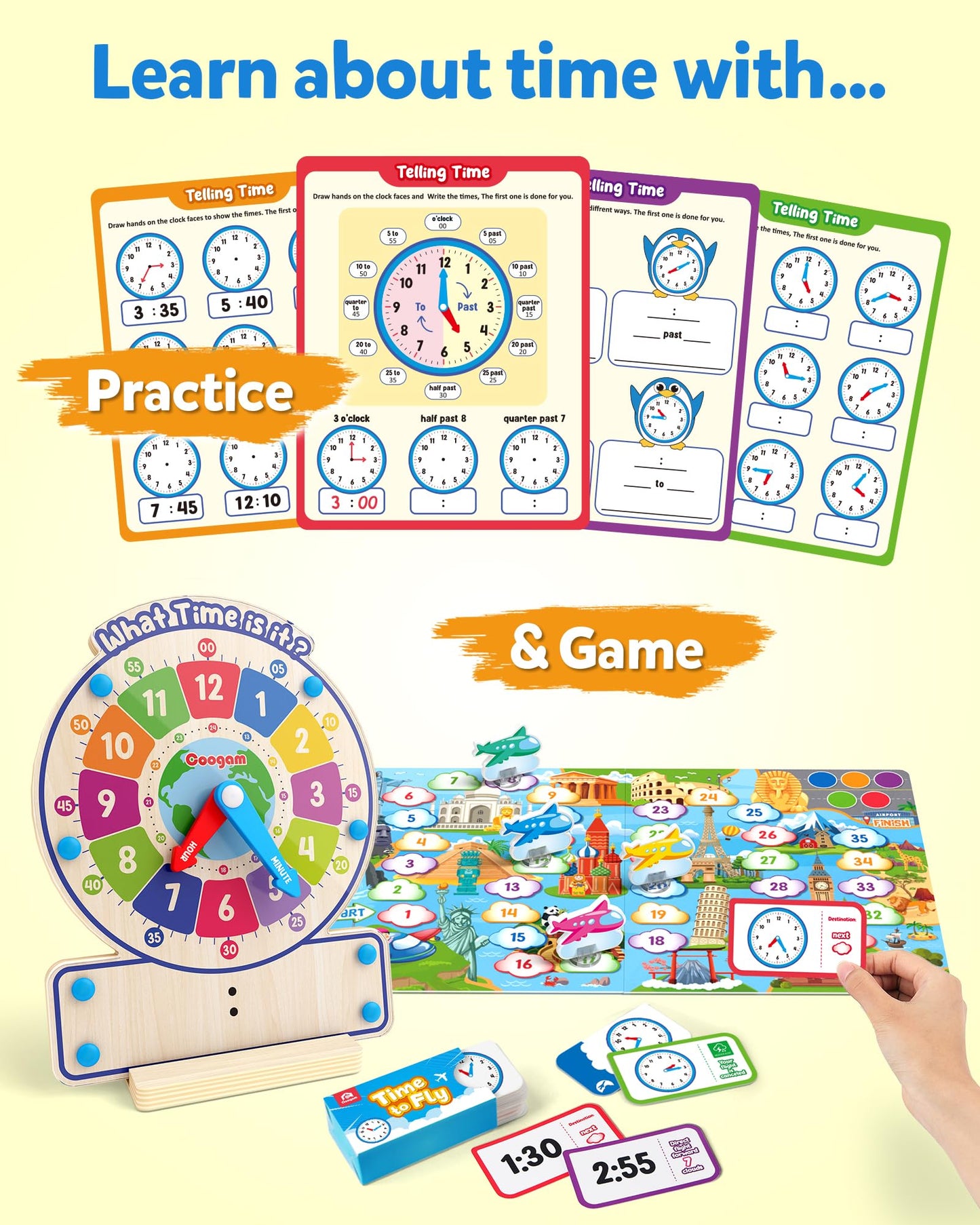 Coogam Wooden Clock Teaching Time Toy, Analog Digital Clock with Fly-Telling Board Game, Learning Educational Toy for 3 4 5 Year Old Homeschool Classroom Kids