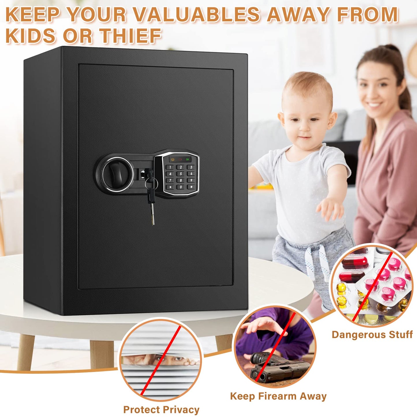 3.3 Cub Home Safe Fireproof Waterproof, Large Fire proof Safe Box with Fireproof Bag, Digital Keypad Key and Removable Shelf, Personal Security Safes for Home Money Jewellery Documents Valuables