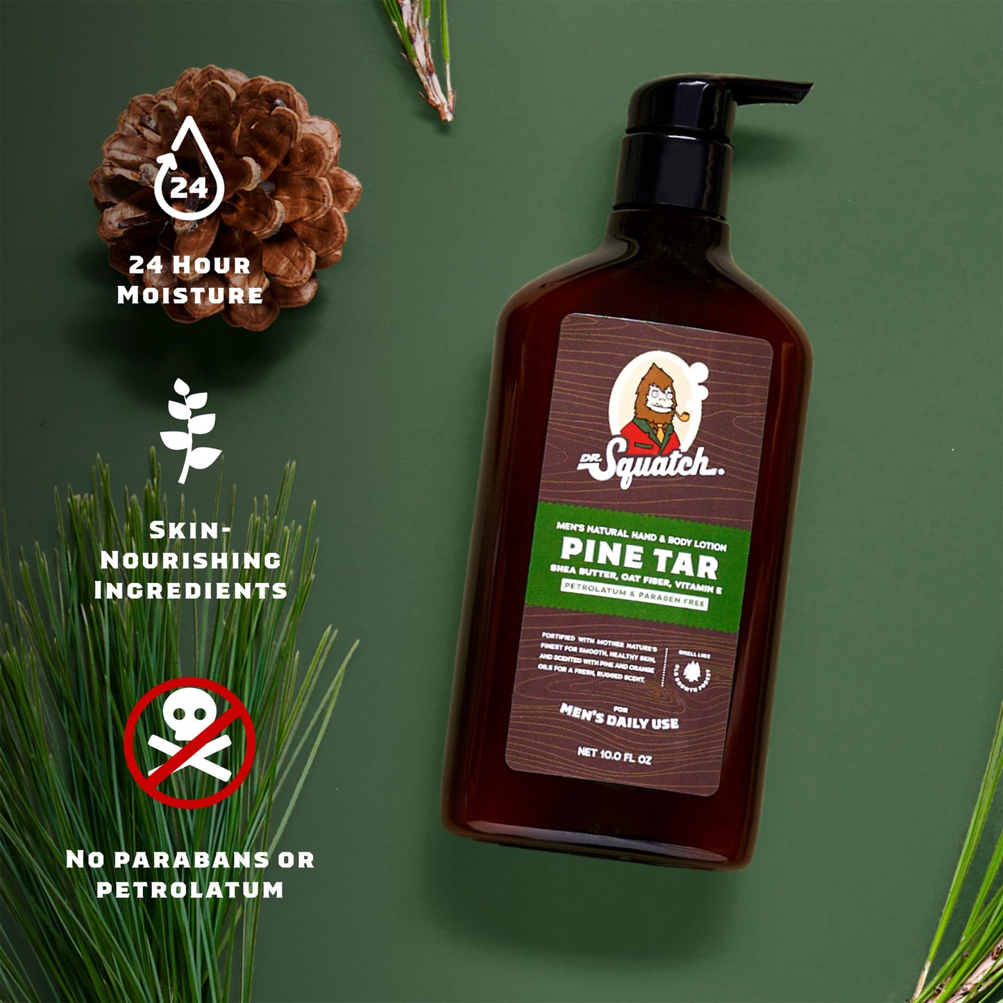 Dr. Squatch Men's Non-Greasy Natural Lotion - 24-hour moisturization hand and body lotion - Made with Shea Butter, Coconut Oil, and Vitamin E - Pine Tar (2 Pack)