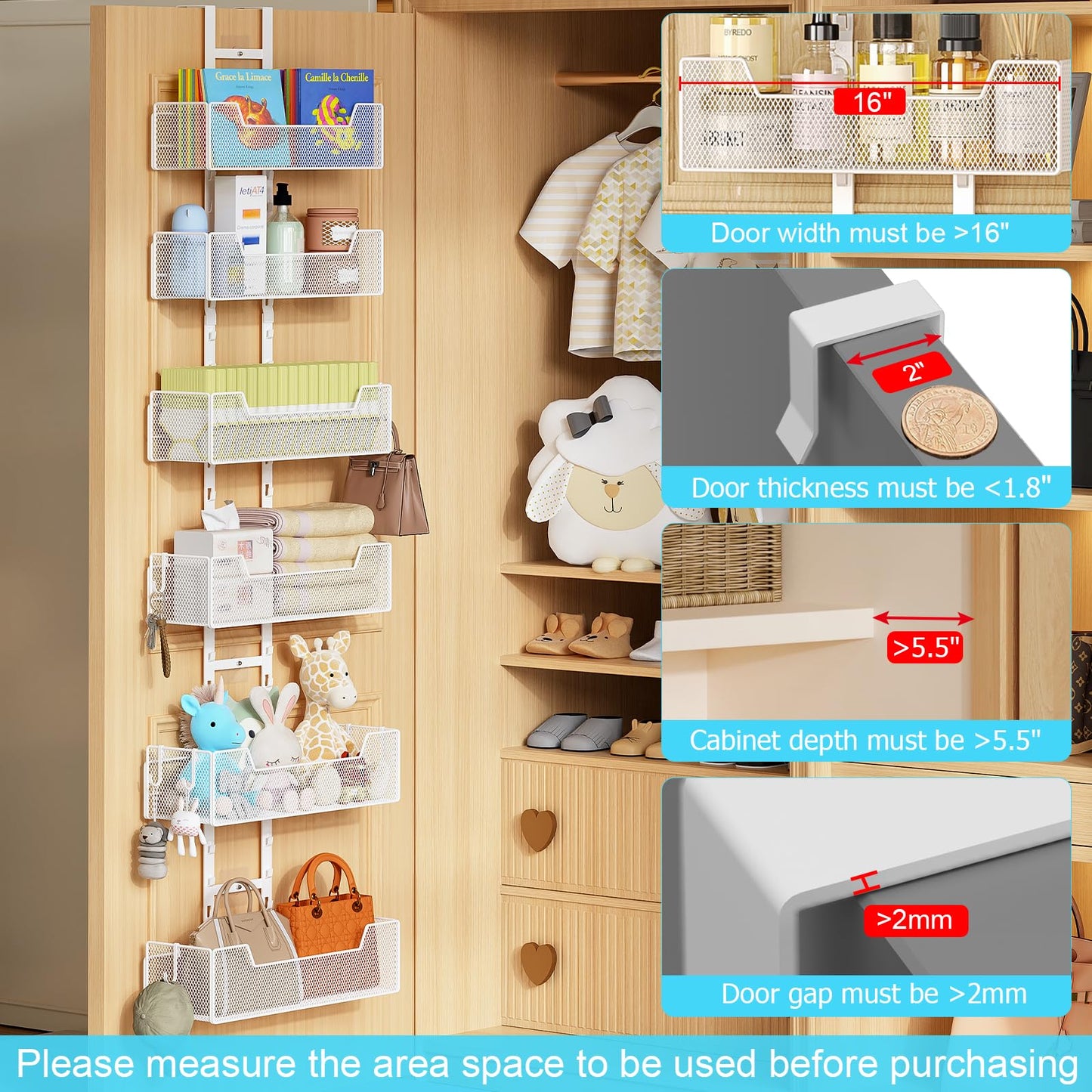 Hongtamoya Over The Door Organizer, Metal Hanging Door Organizer with 6 Adjustable Baskets and 5 Hooks, Behind The Door Storage for Closet Pantry Cabinet Kitchen Bathroom Bedroom, White