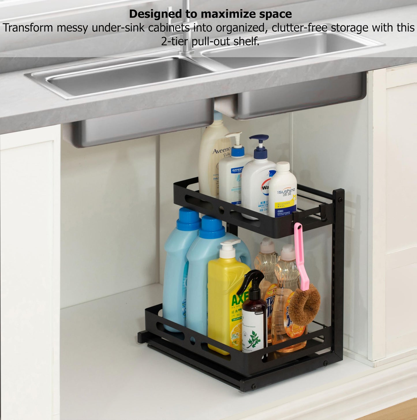 Basicwise Adjustable Height Under Sink Pull-Out Organizer Sliding Shelf Rack Heavy-Duty Mesh Baskets for Kitchen & Bathroom Cabinets Ideal for Tall Bottles Cleaning Supplies & Tight Spaces, Set of 2