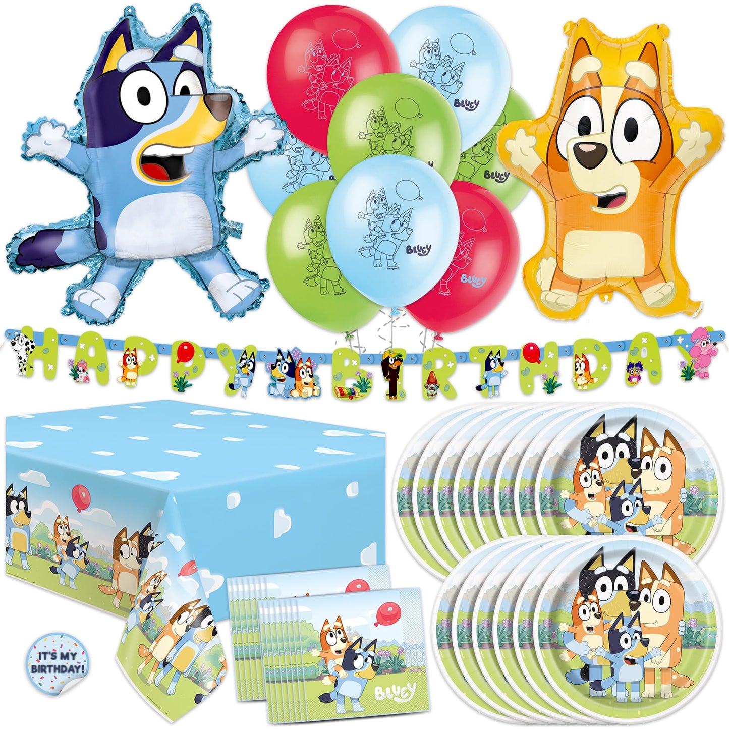 Bluey Birthday Decorations and Party Supplies | Serves 16 Guests | Bluey Party Decorations | Banner, Tablecloth, Foil and Latex Balloons, Plates and Napkins, Sticker | Officially Licensed