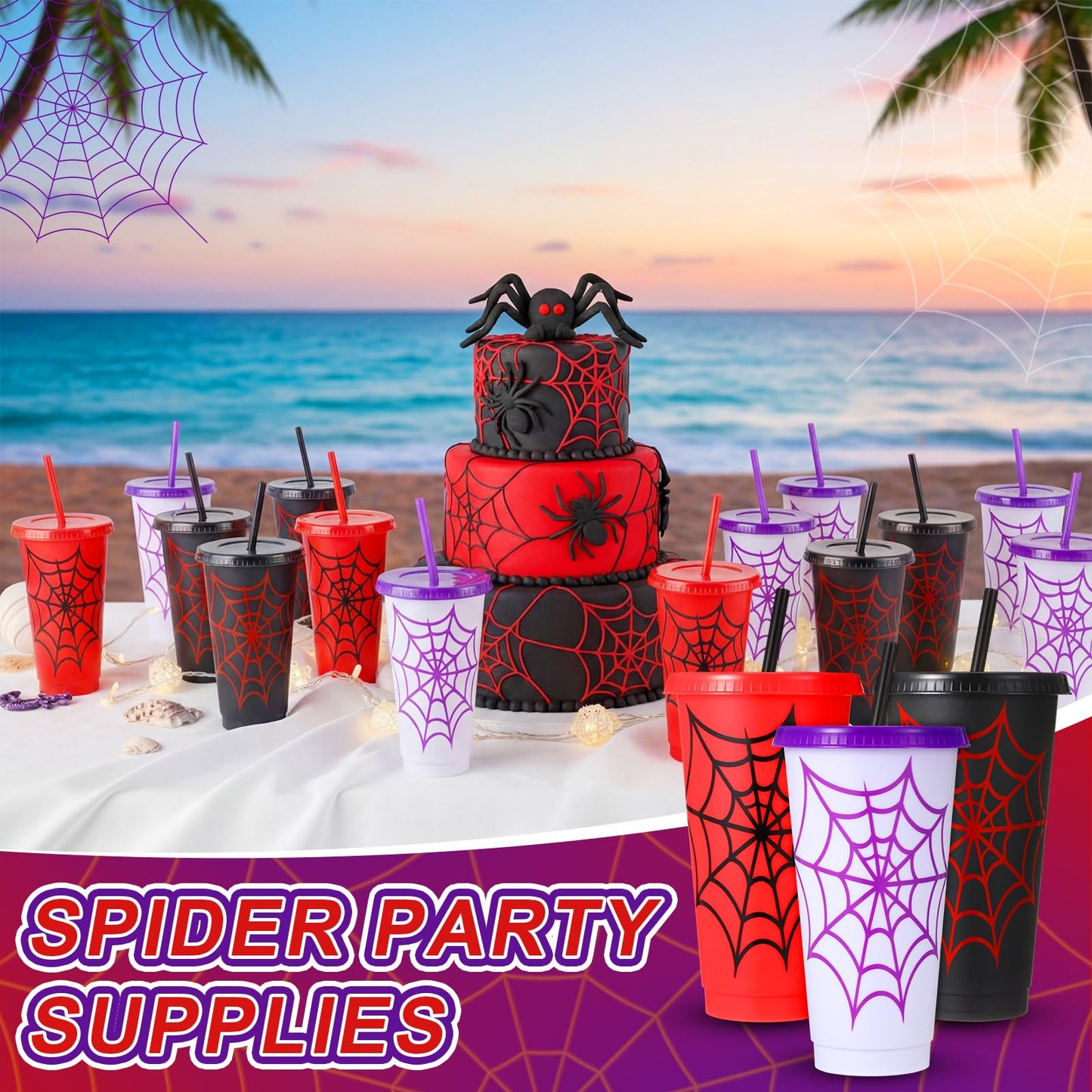 Newtay 24 Pieces Spider Cups with Straws and Lid - 24 Oz Reusable Plastic Spider Web Tumbler Red Black Blue Cups Bulk for Cartoon Birthday Baby Shower Party Favors Decoration Supplies